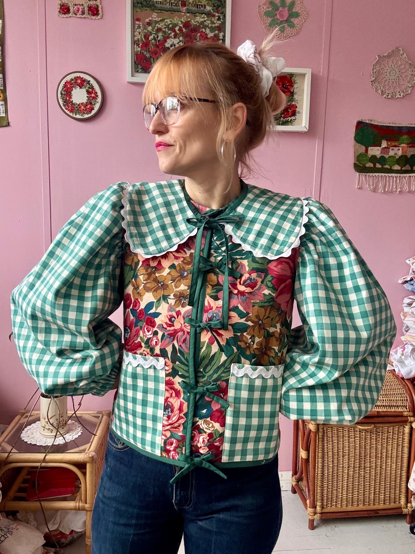 Floral and green gingham jacket