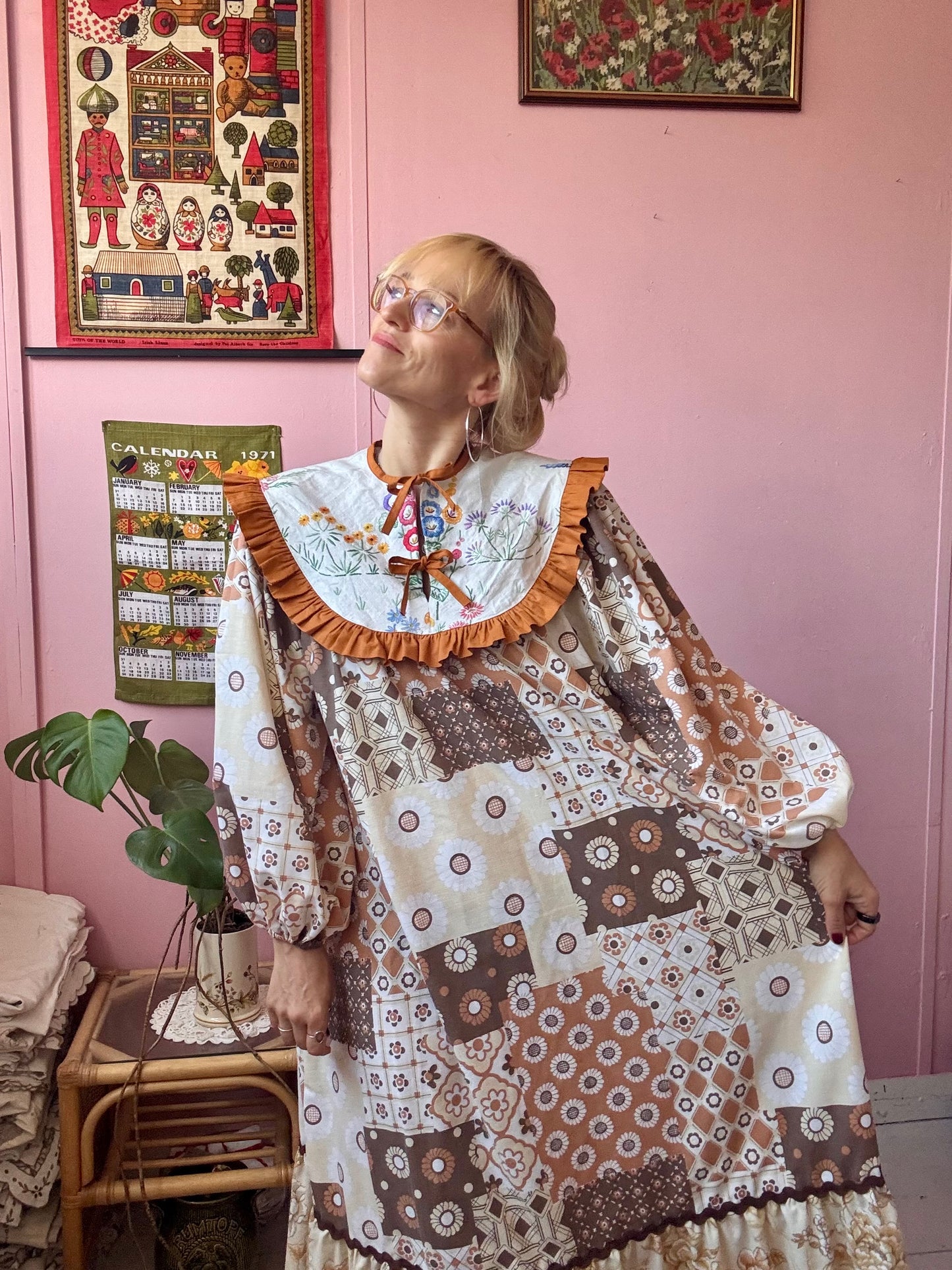 Brown maxi dress with embroidery yoke
