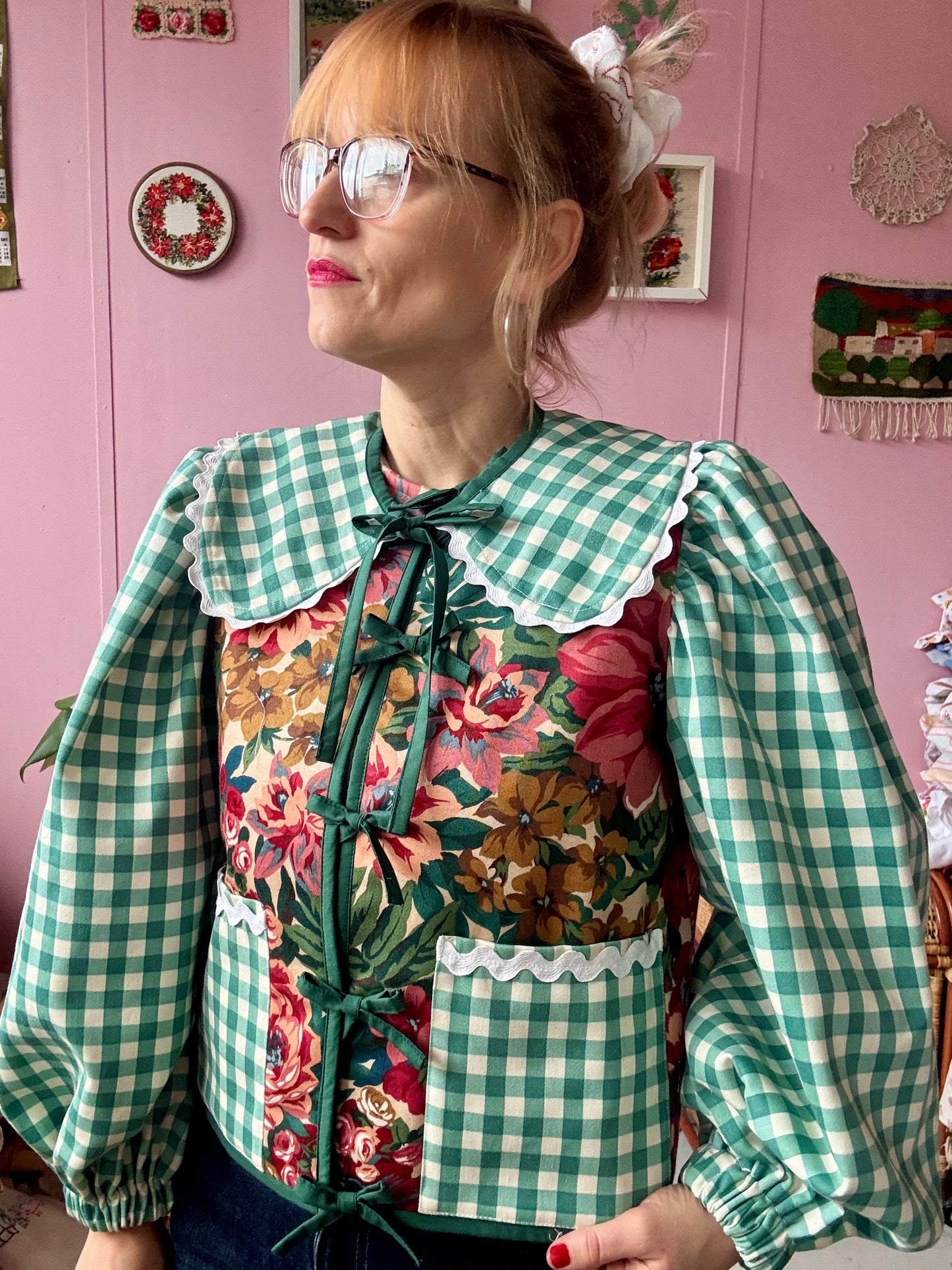 Floral and green gingham jacket