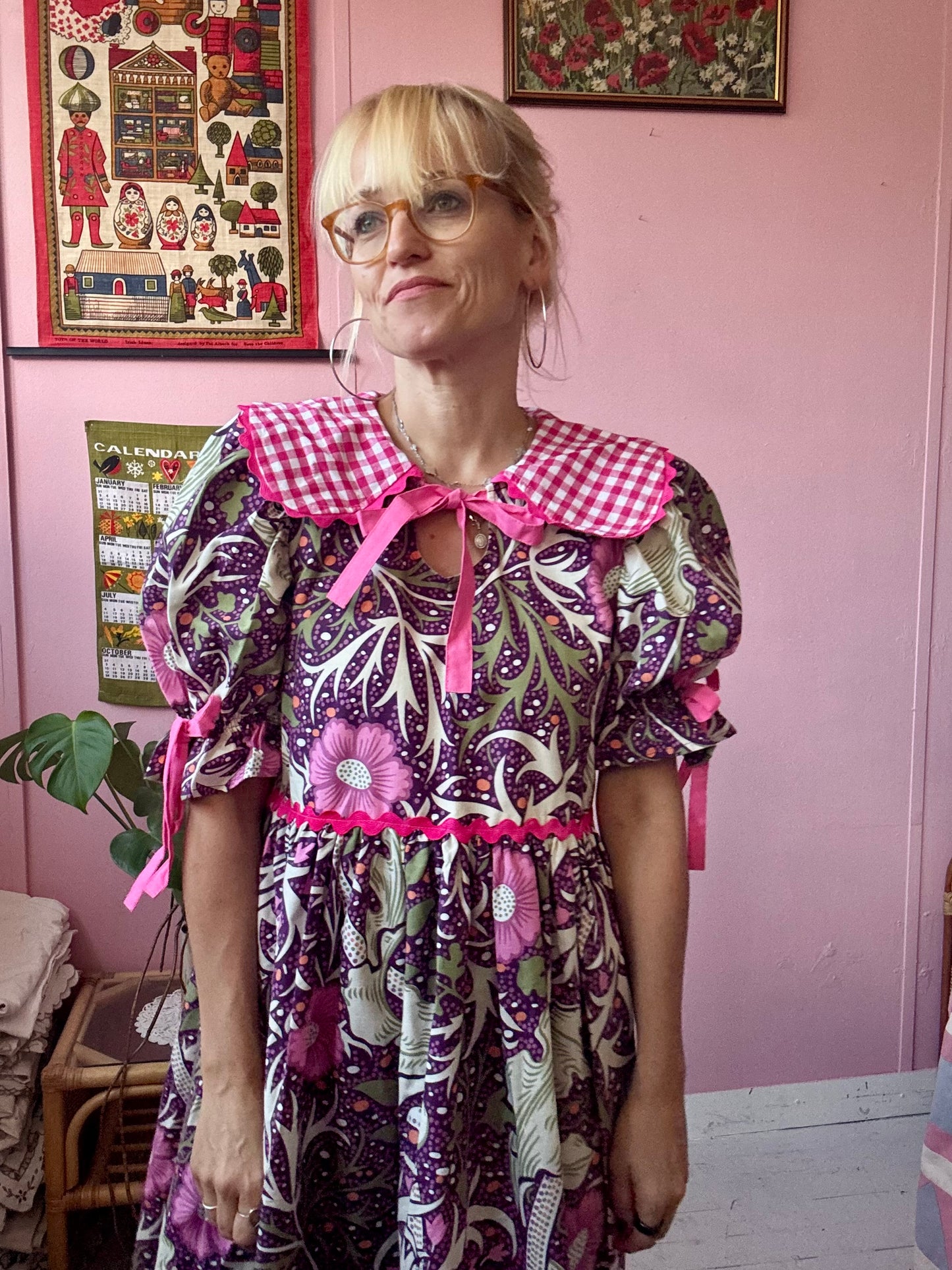 William Morris and cerise gingham dress