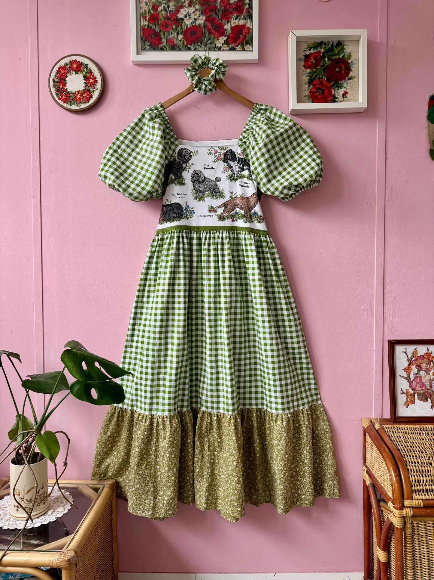 Teatowel with dogs and green gingham maxi dress