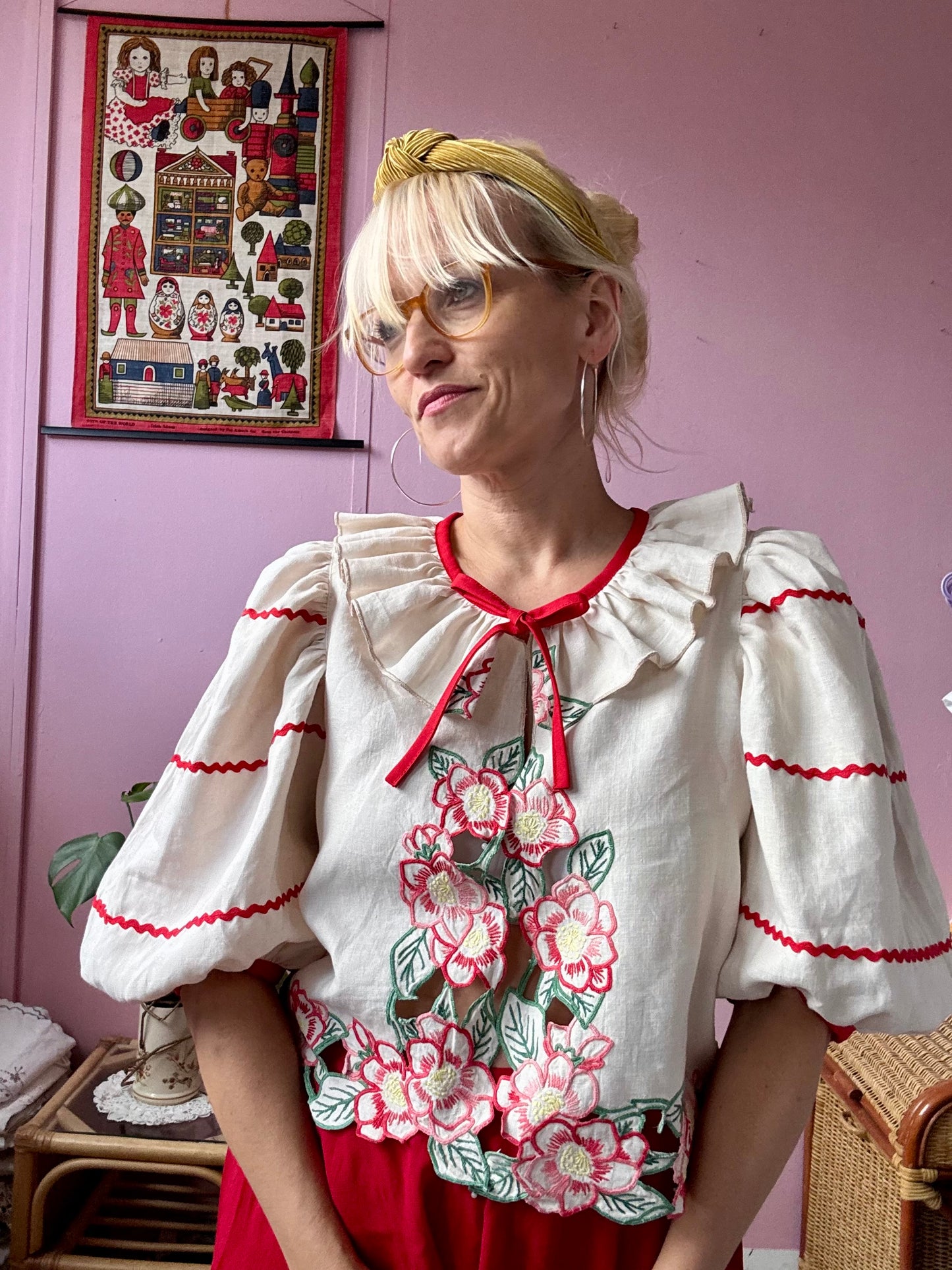 Beige blouse with red flowers and ric rac