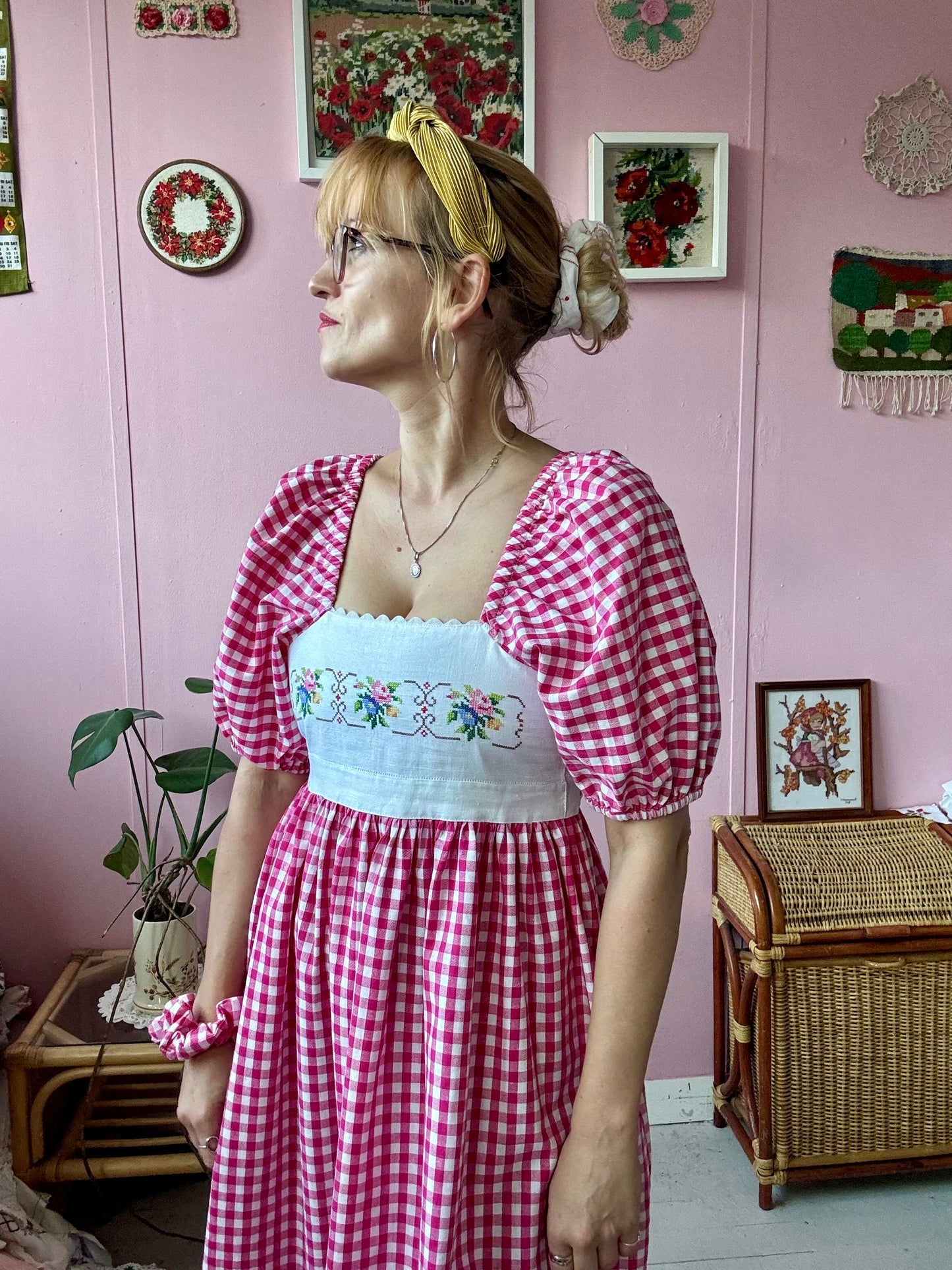 Pink gingham and embroidery dress