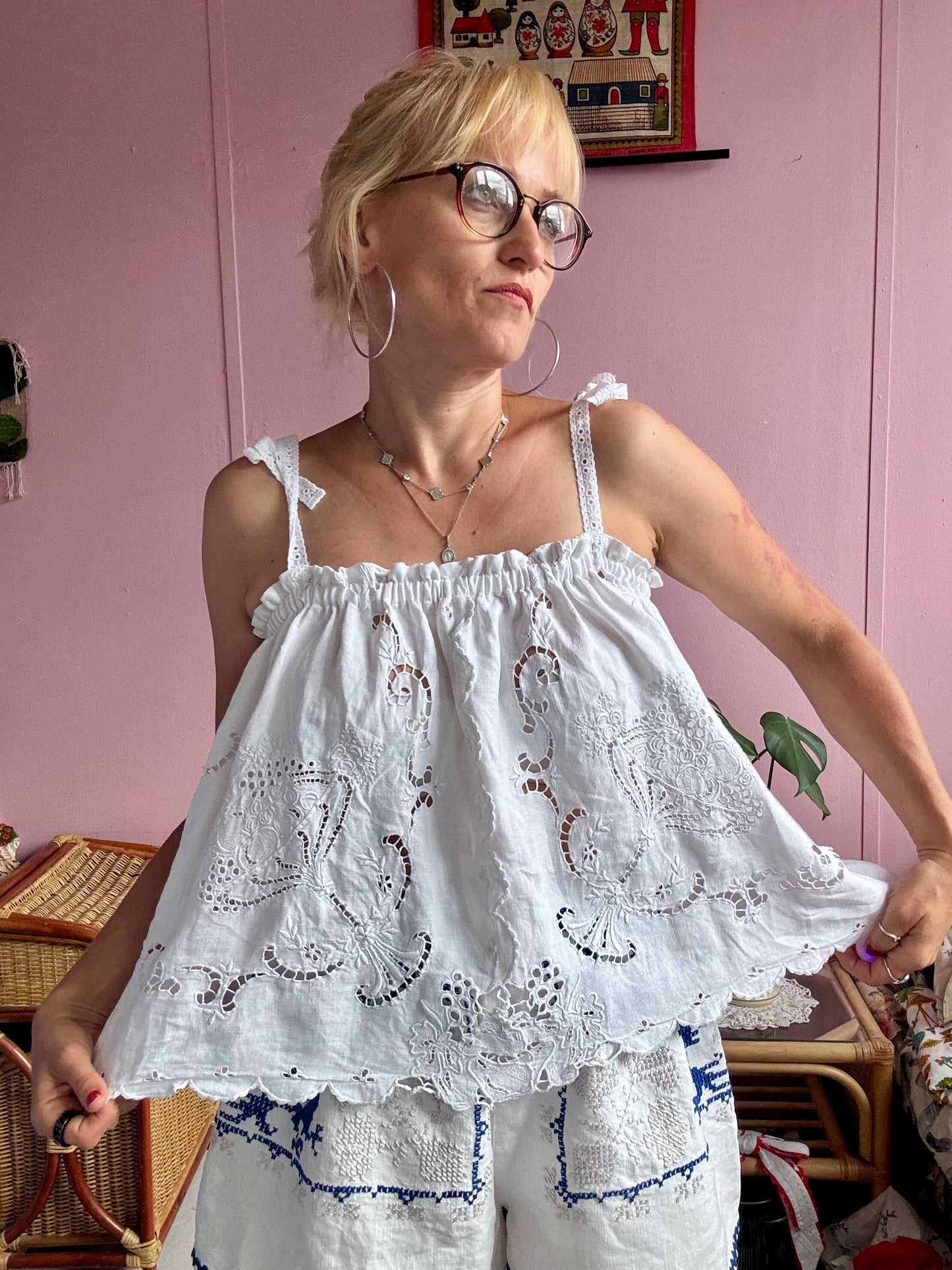 All white embroidery strappy top