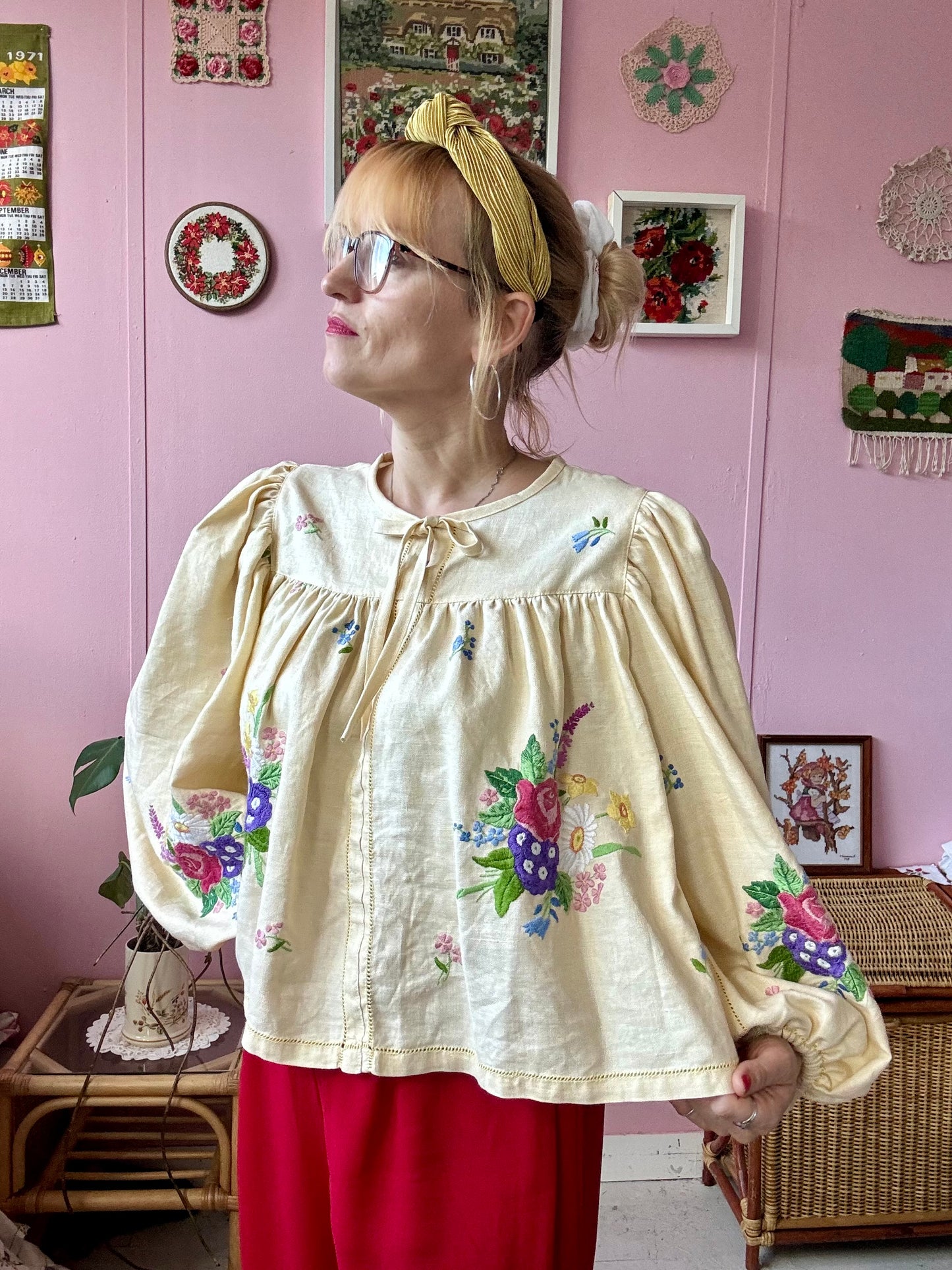 Yellow blouse with floral embroidery
