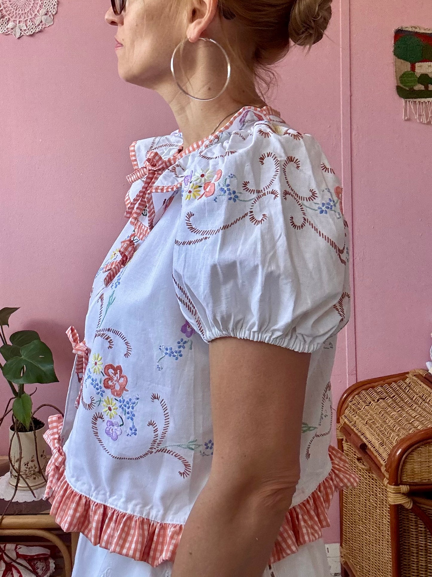 Floral blouse with orange gingham