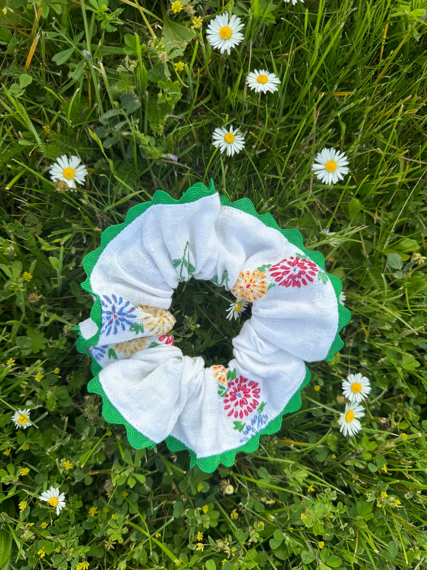 Floral embroidery scrunchie with green ric rac