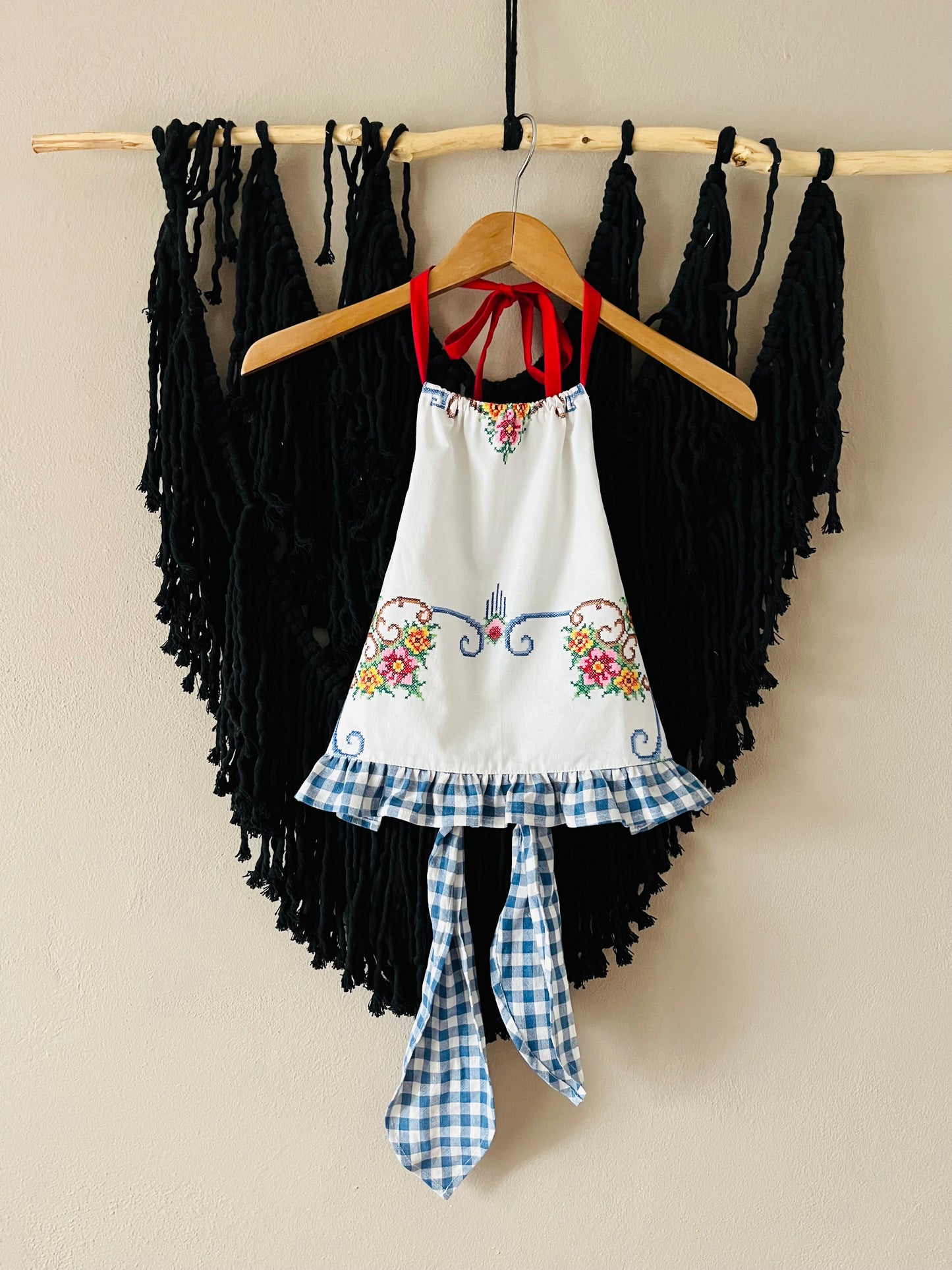 Cross stitch halter neck top with blue gingham back straps and frill