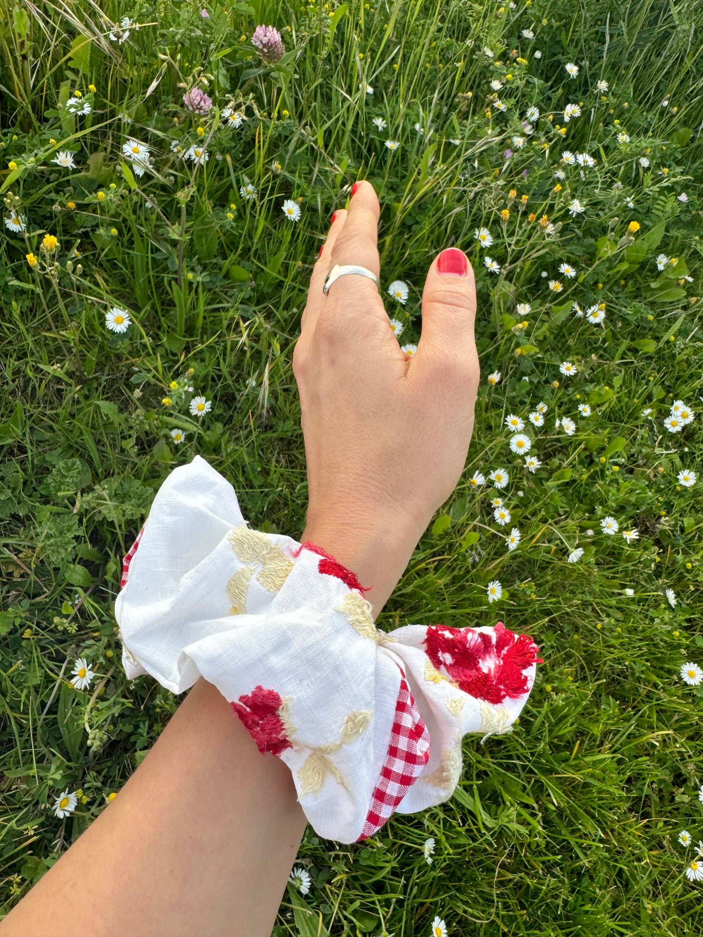 Embroidery and gingham scrunchie