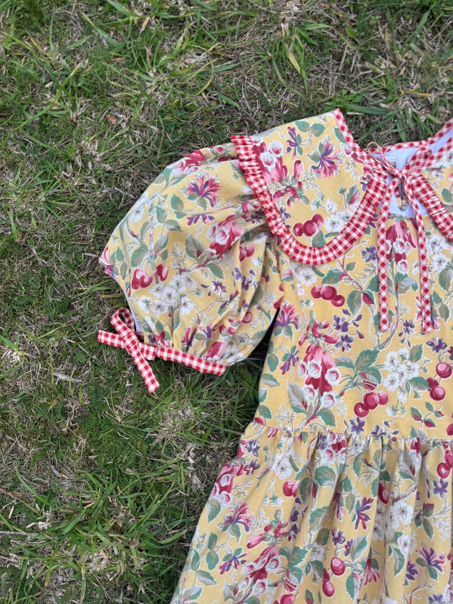 Yellow fruity and gingham dress
