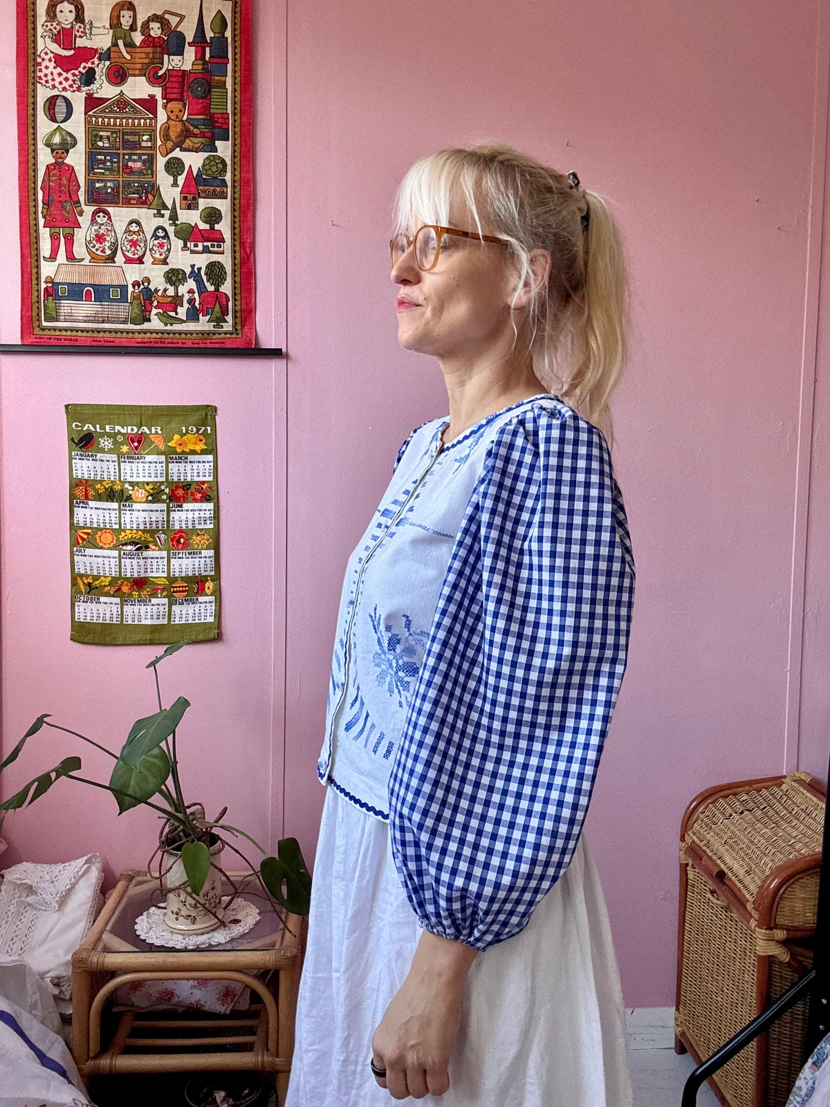 Blue embroidery and gingham blouse