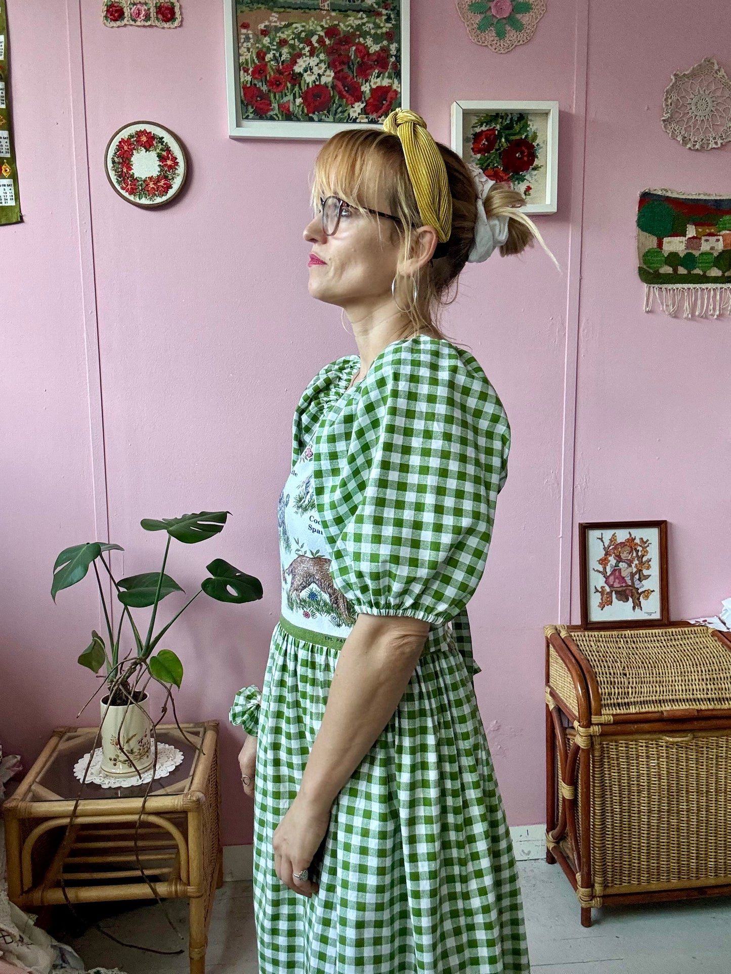 Teatowel with dogs and green gingham maxi dress