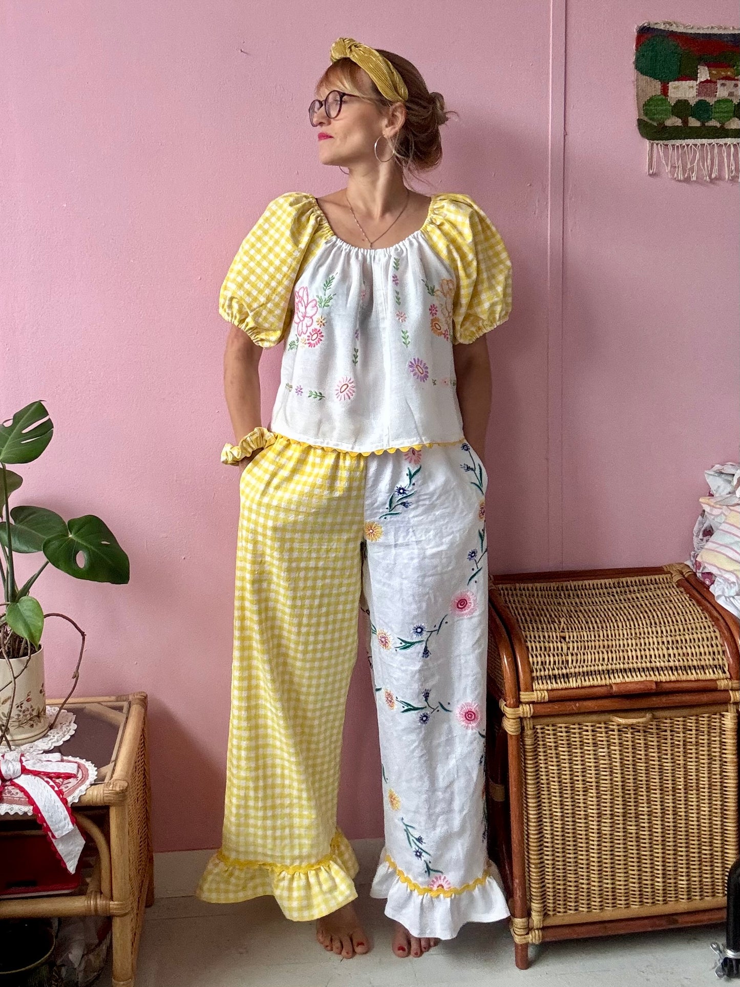 Yellow gingham and floral trousers