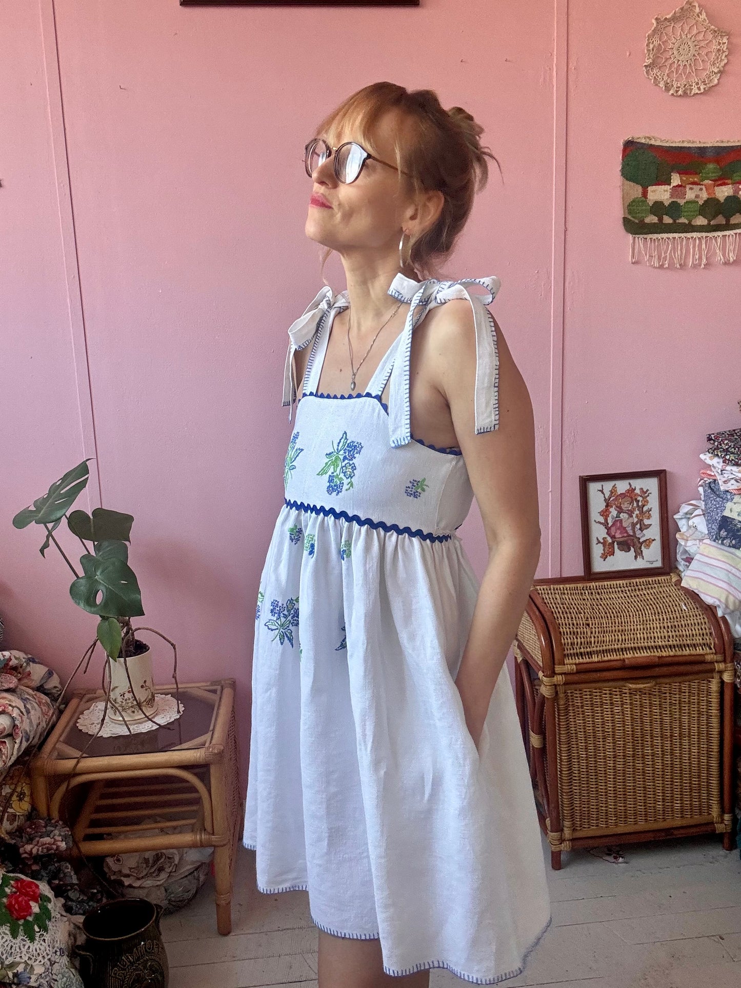 Linen  mini dress with blue floral embroidery