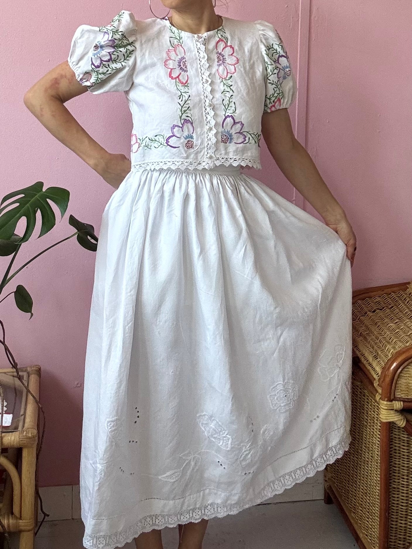 White linen skirt with embroidery and lace