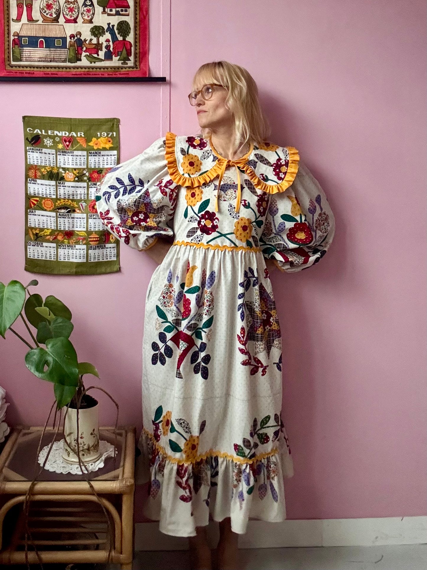 Floral dress with yellow ric rac and detachable collar