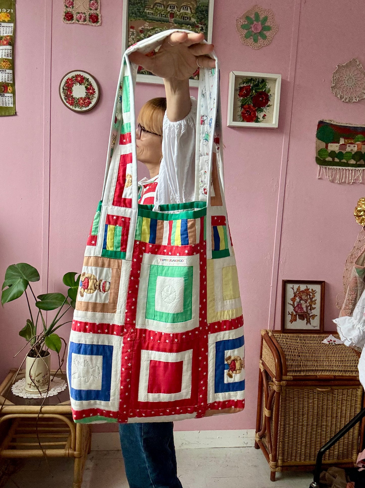 Patchwork with bear ls tote bag