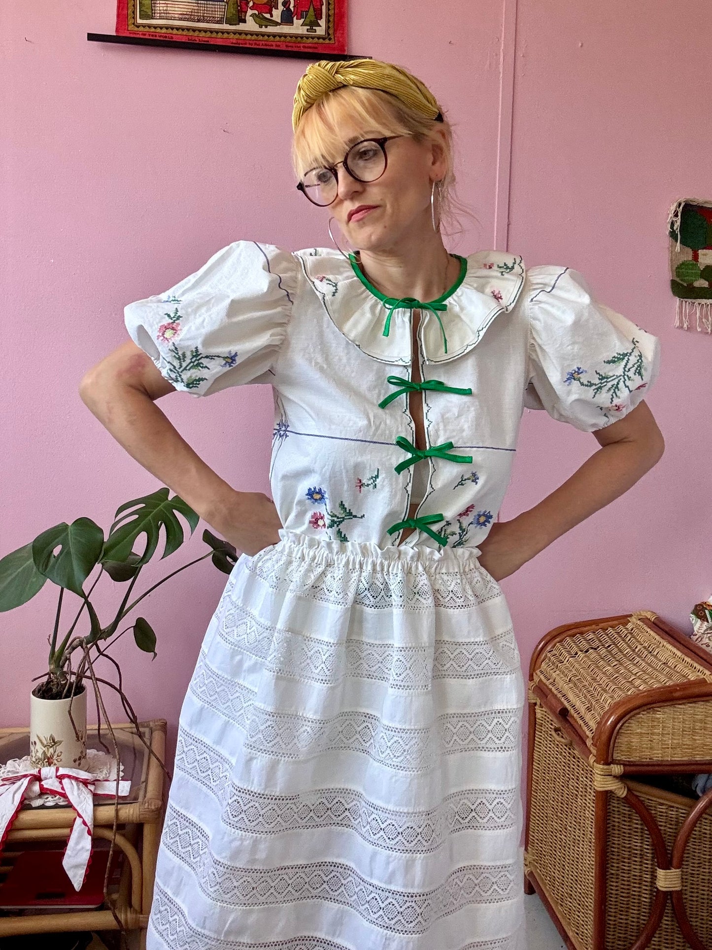 Cream skirt/dress with lace panels