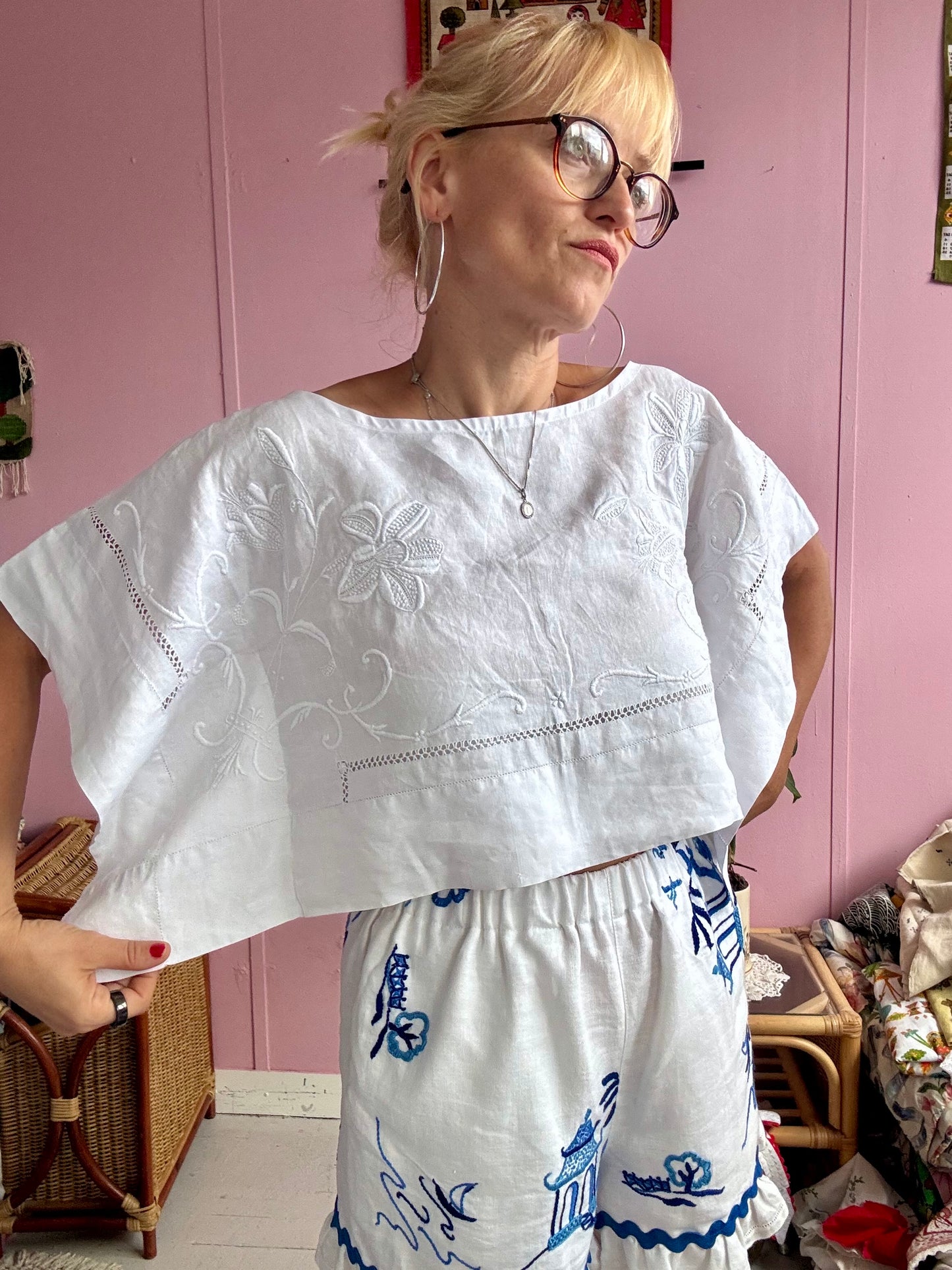 All white basic top with floral hand embroidery