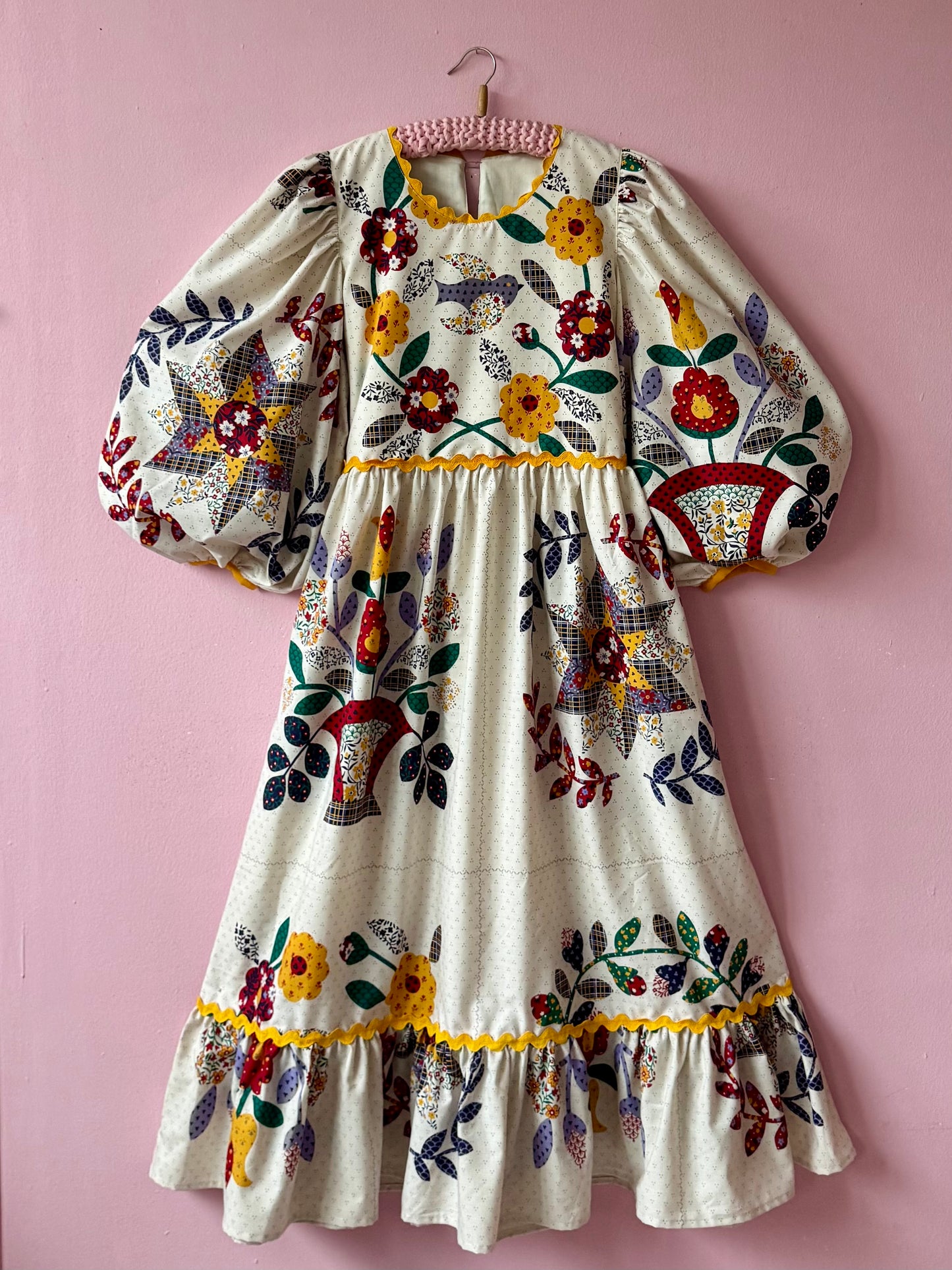 Floral dress with yellow ric rac and detachable collar