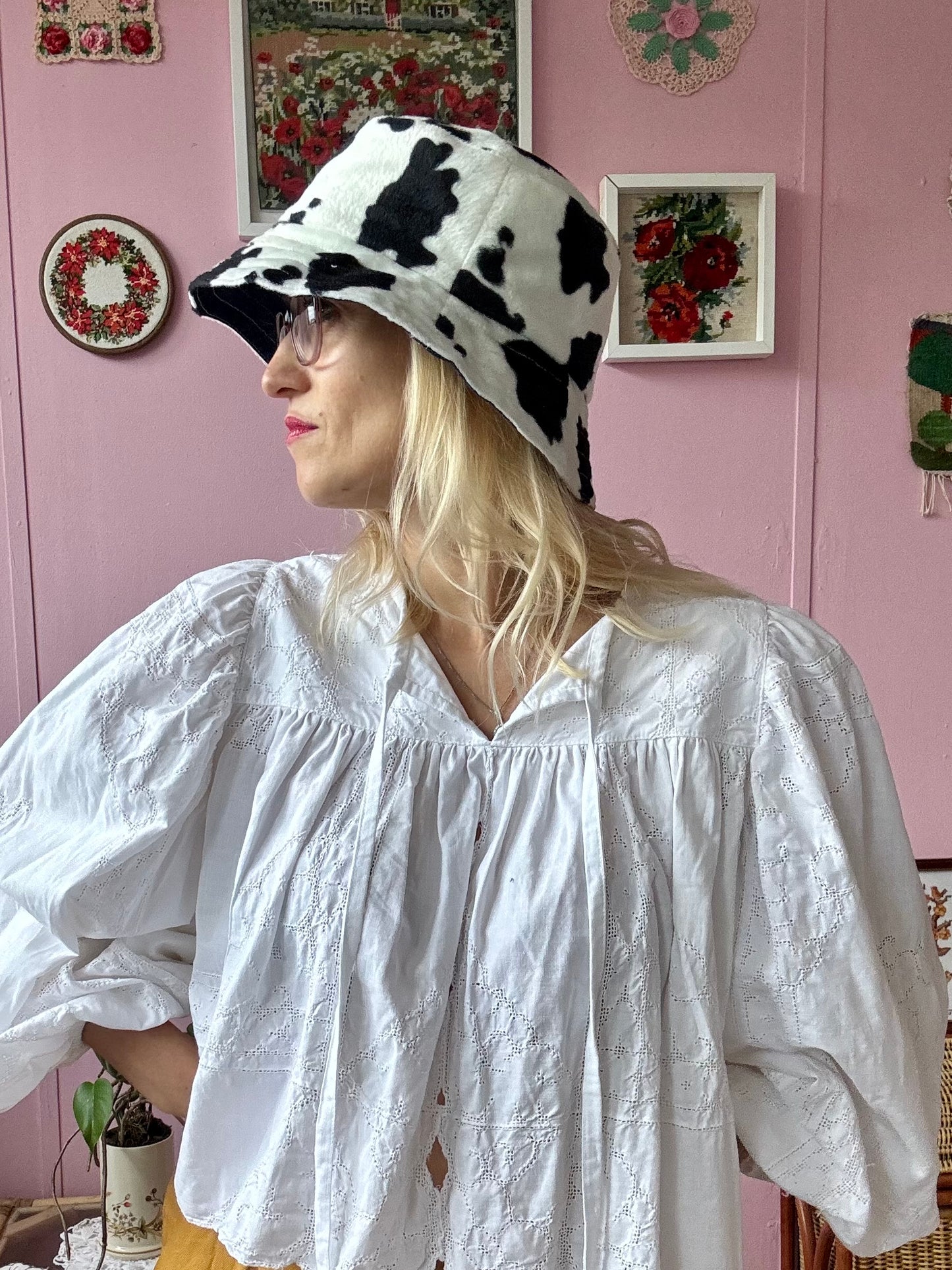 Reversible faux cow fur and denim with rainbow stitching bucket hat