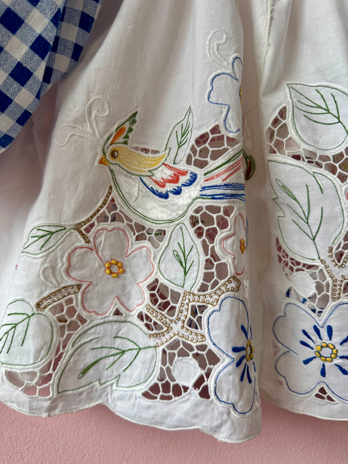 Blue gingham and birds/flowers top