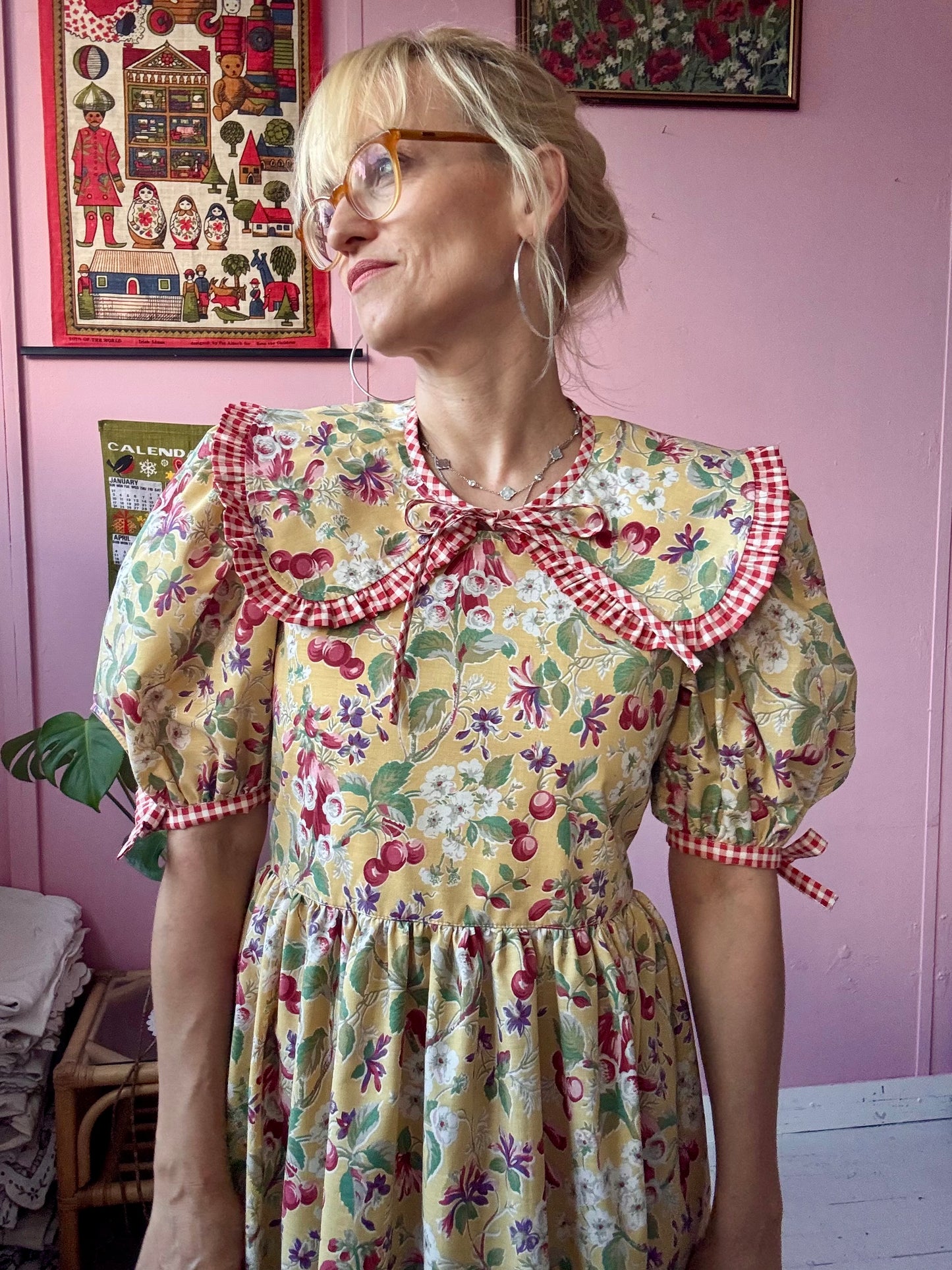 Yellow fruity and gingham dress