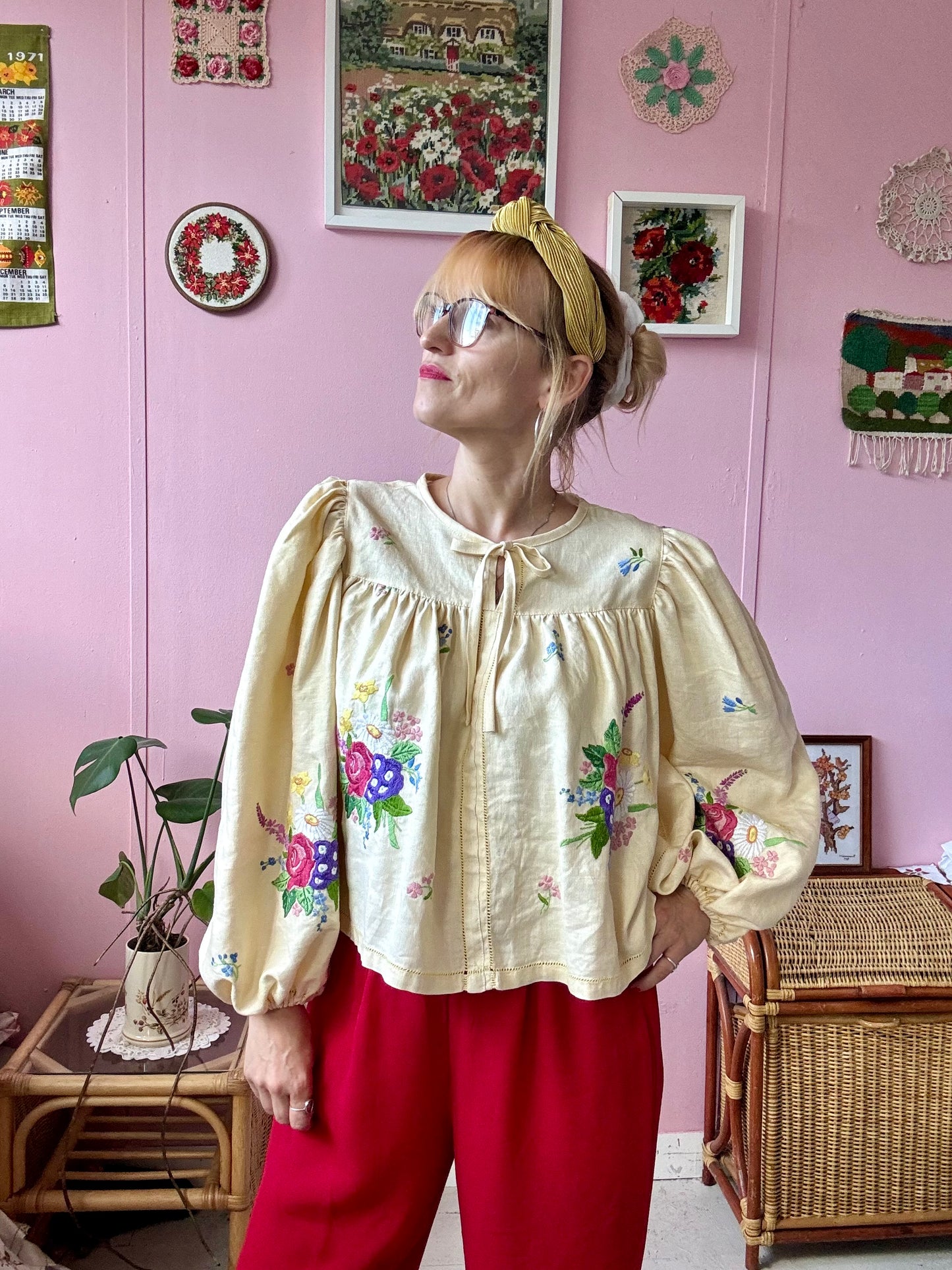 Yellow blouse with floral embroidery