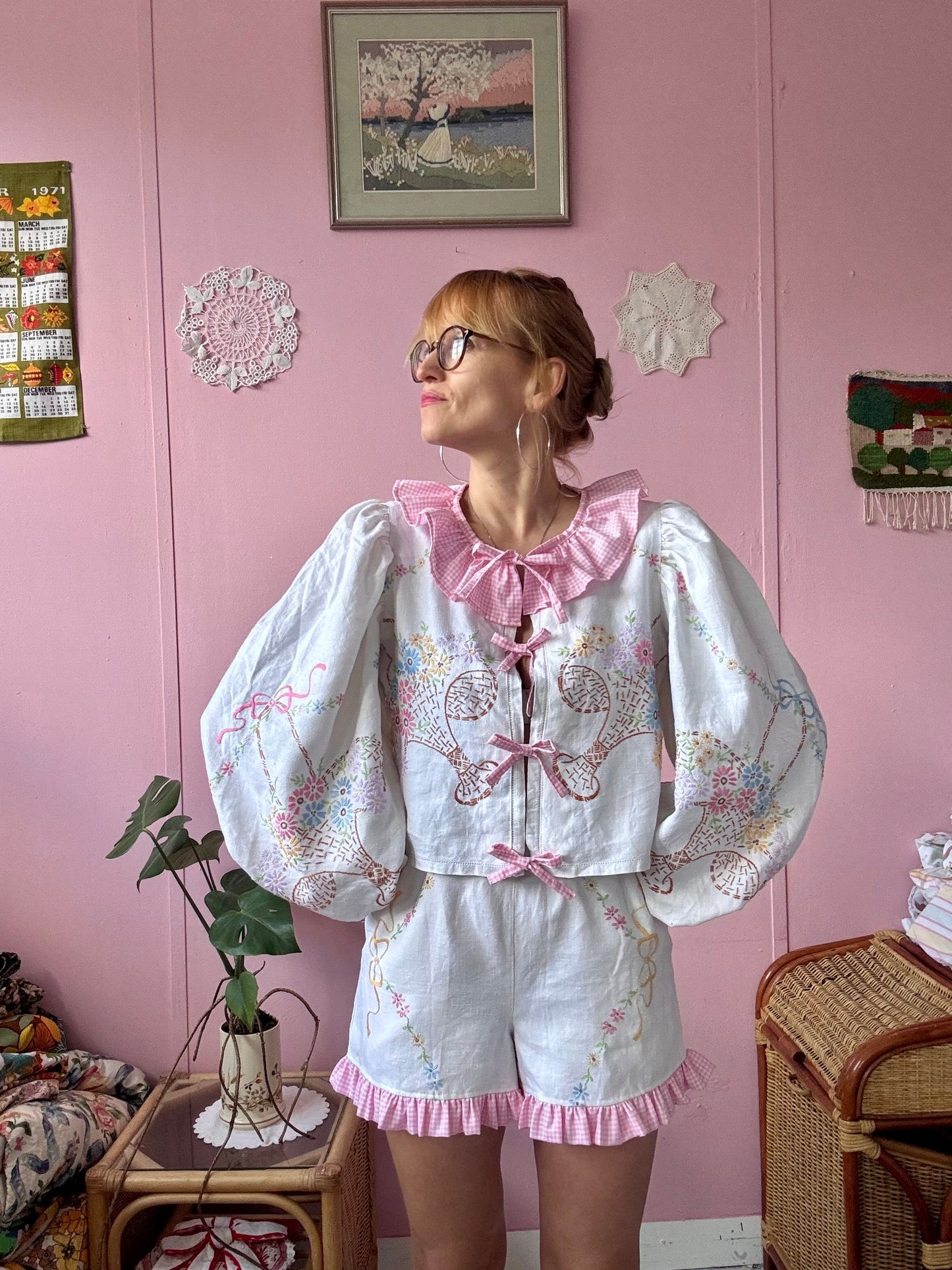 Embroidery and pink gingham shorts set
