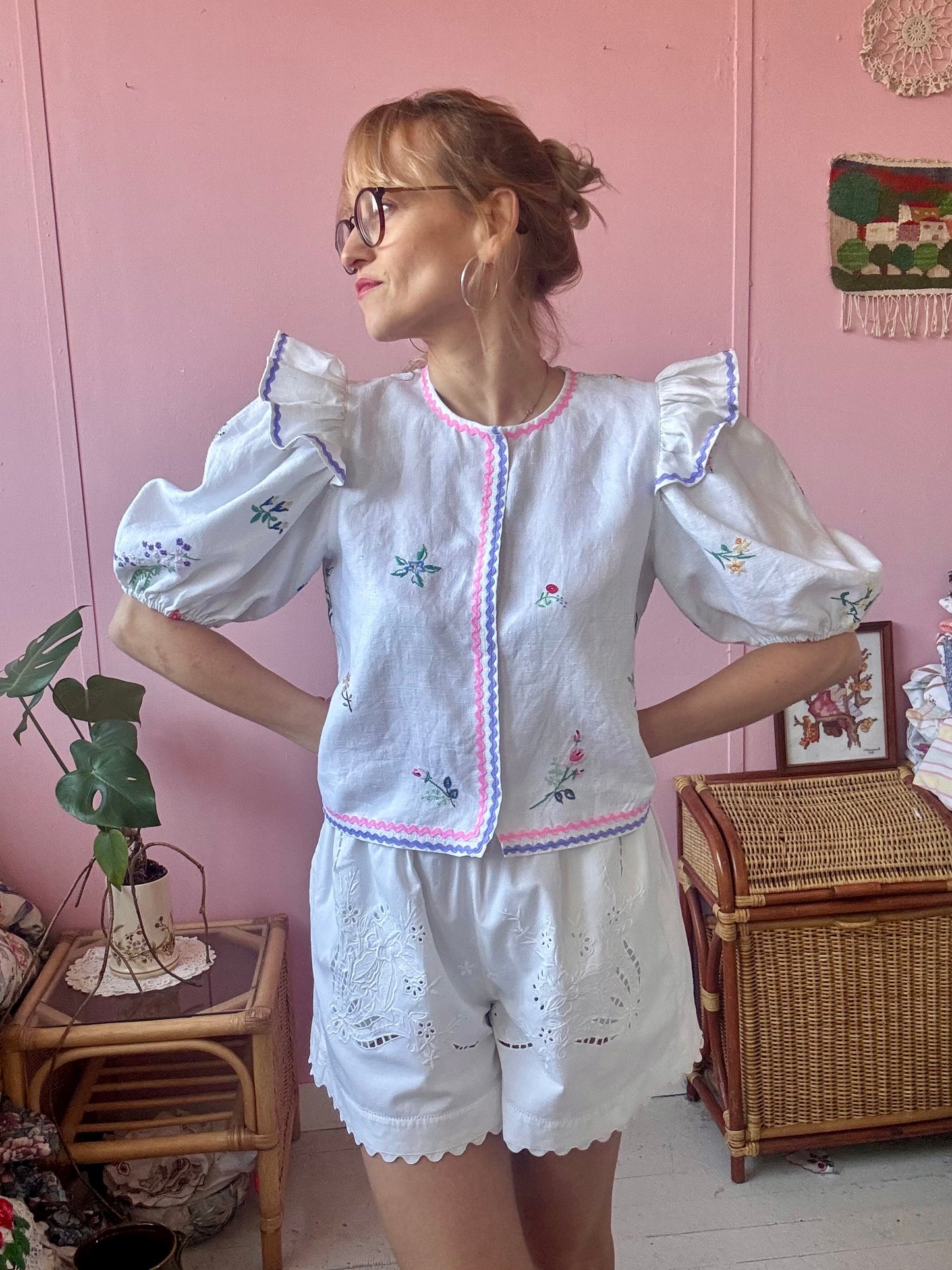 Linen blouse with pink and lilac ric rac