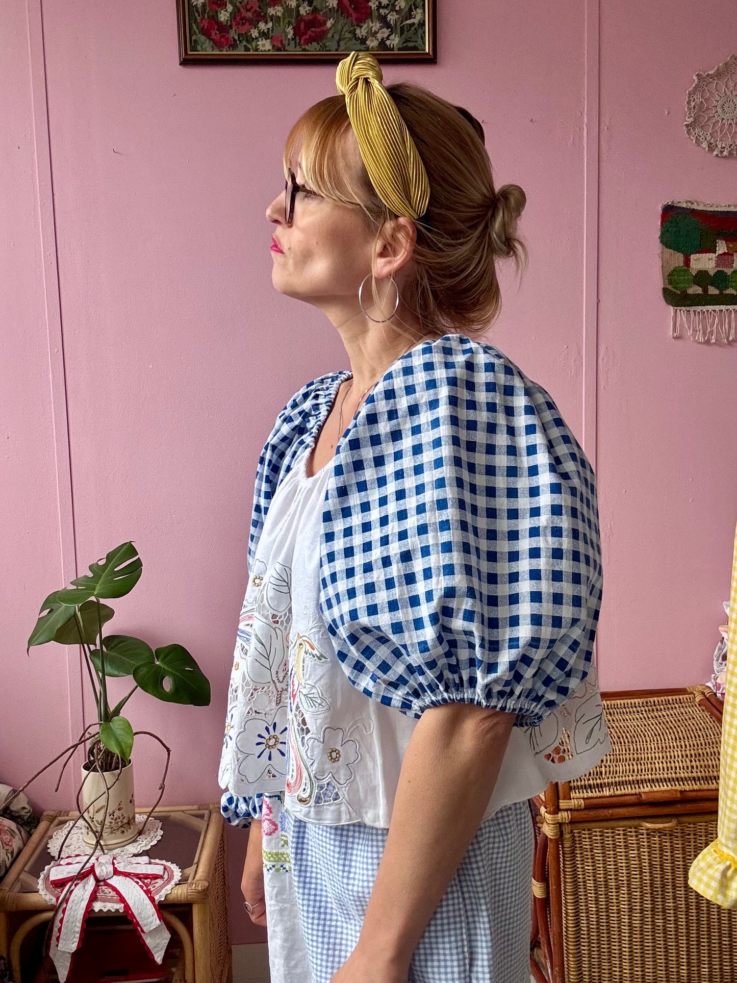 Blue gingham and birds/flowers top