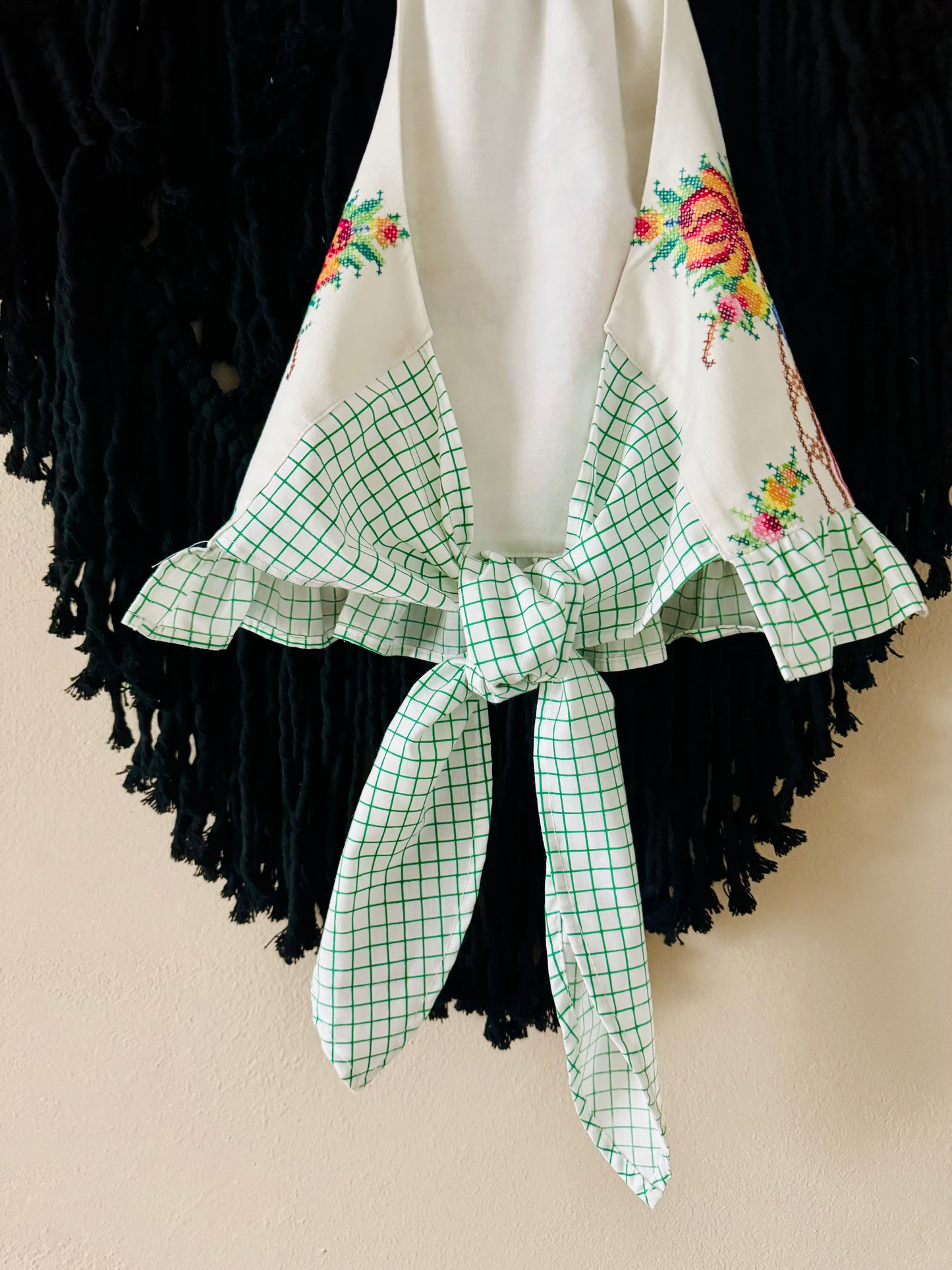 Cross stitch halter neck with green check back ties and frill