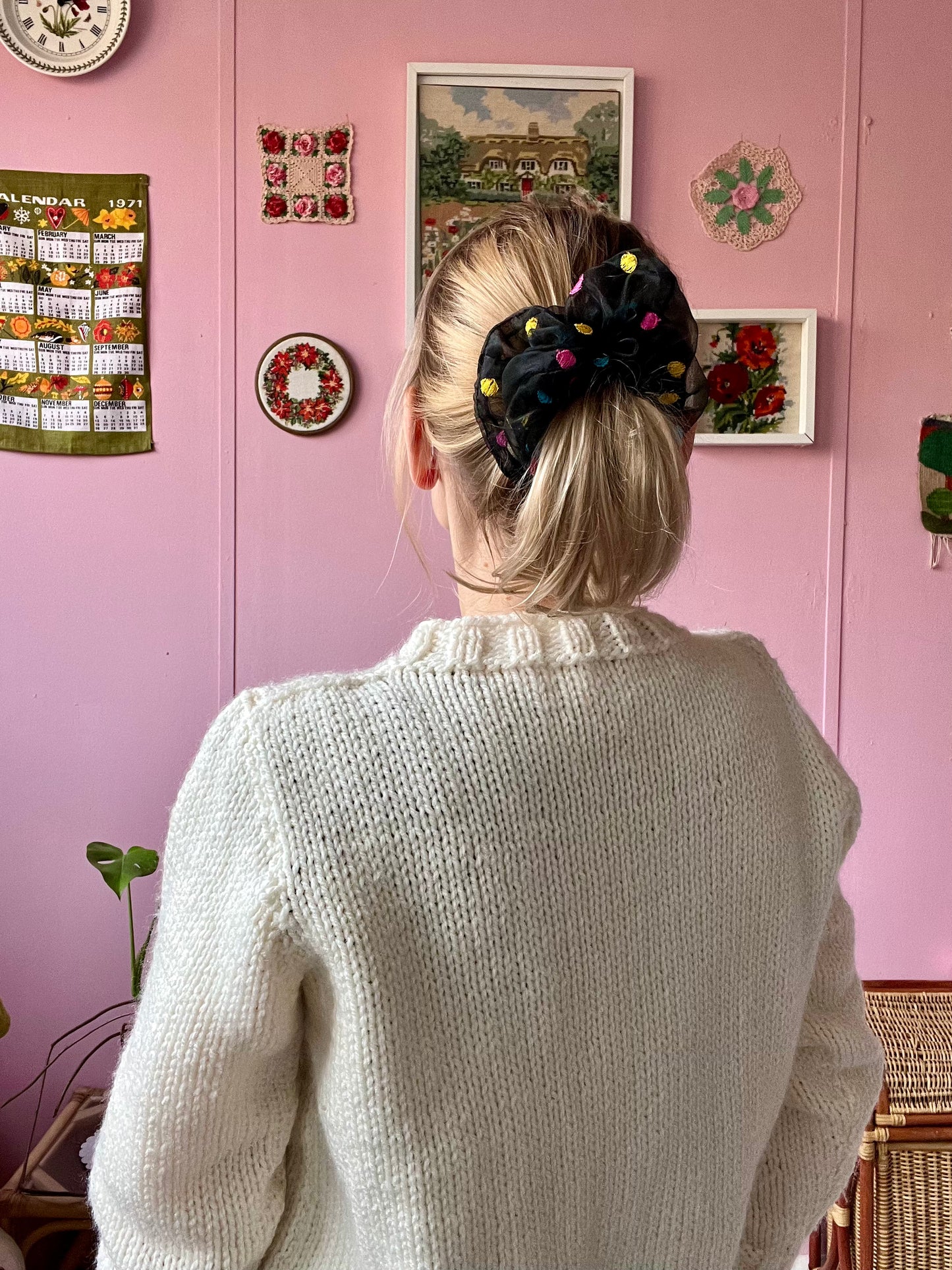 Black chiffon scrunchie with embroidery dots