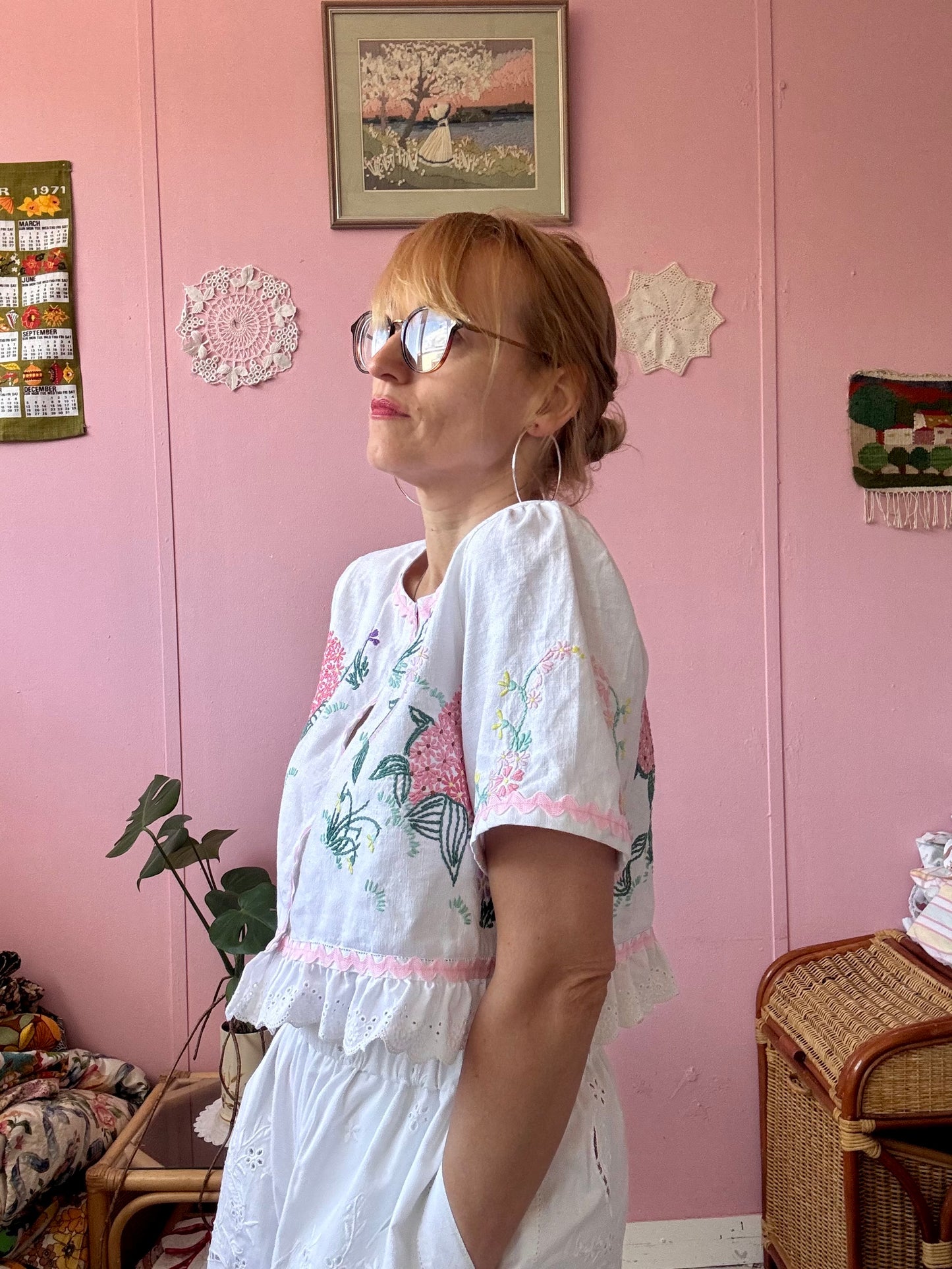 Floral blouse with pink ric rac
