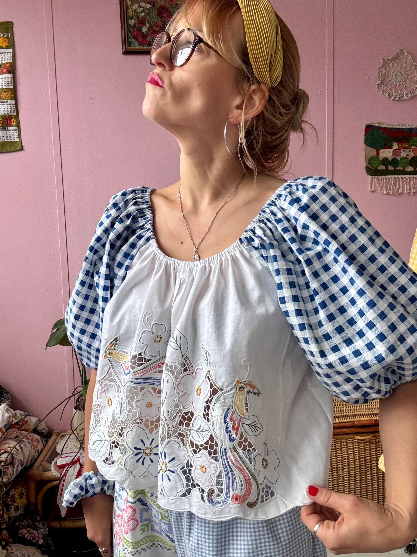 Blue gingham and birds/flowers top