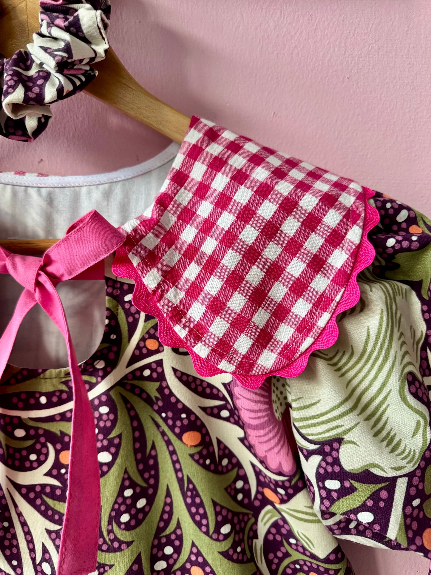 William Morris and cerise gingham dress