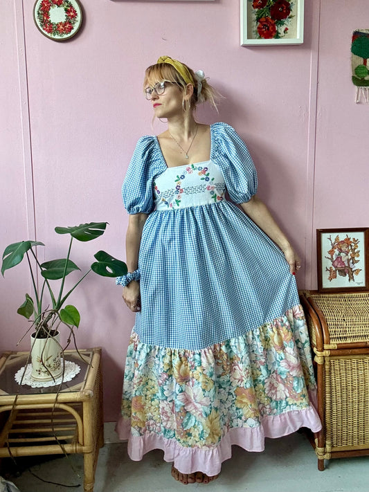 Blue gingham and floral embroidery dress