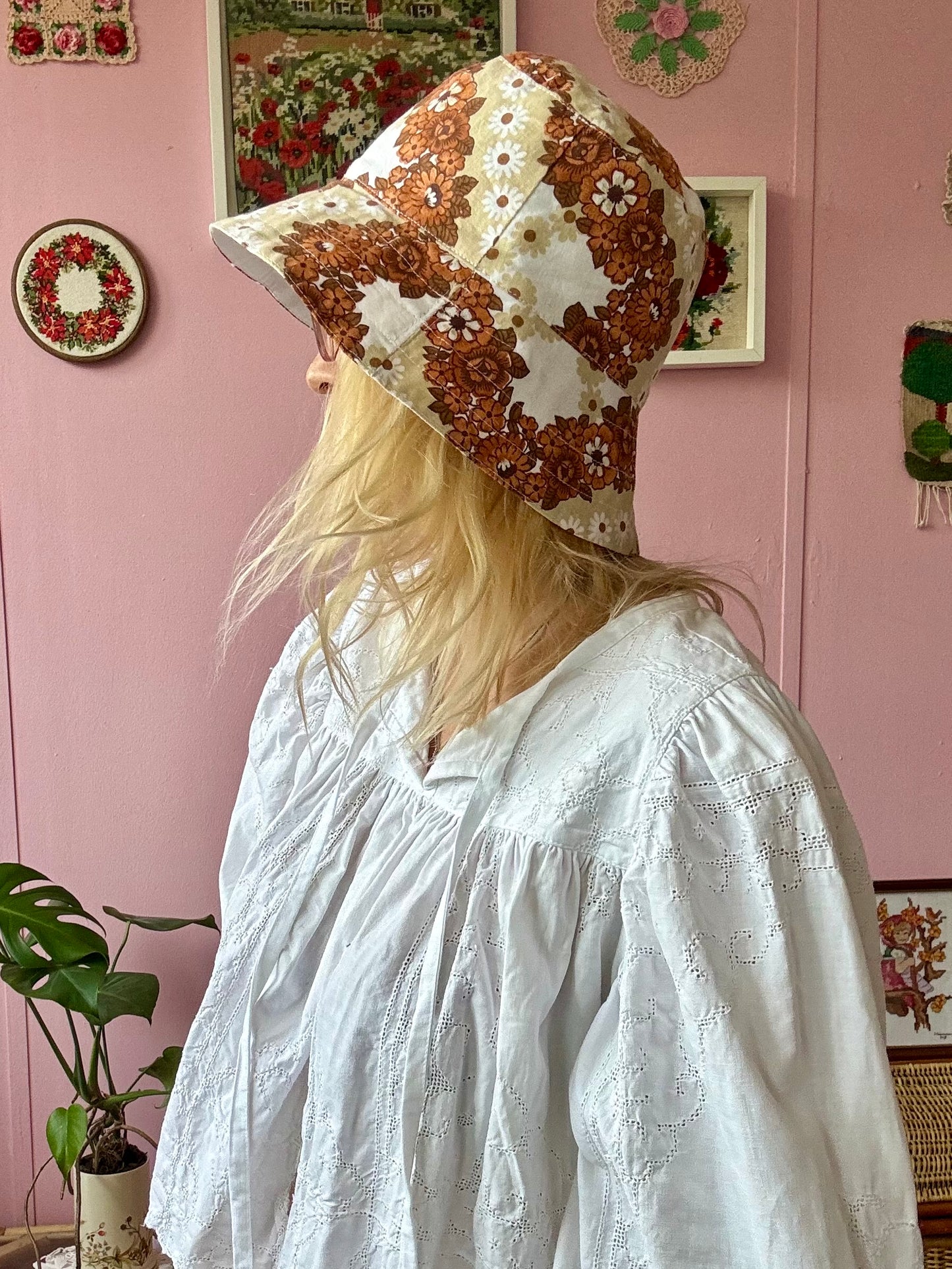 Brown floral bucket hat
