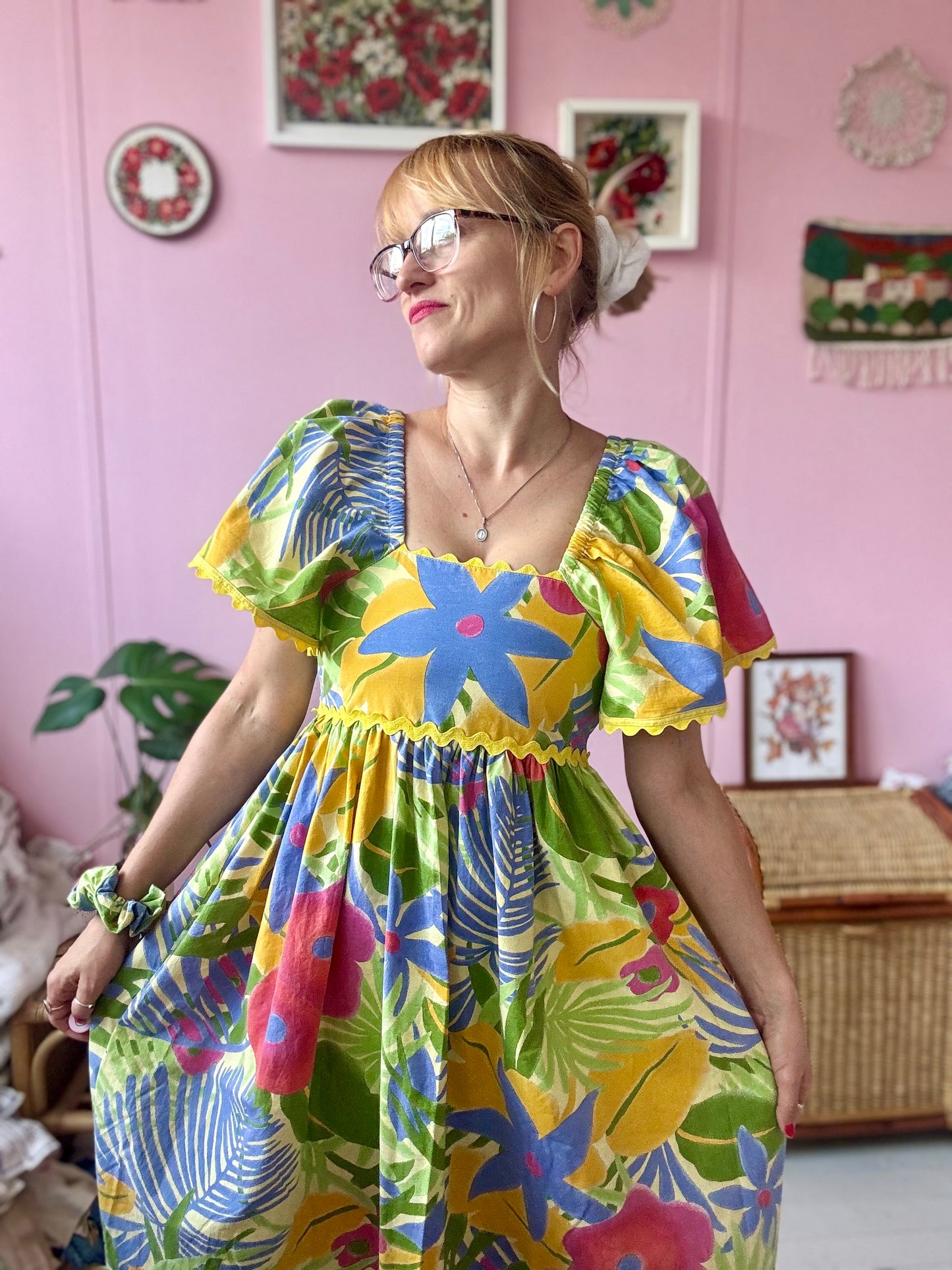 Bright floral print maxi dress with yellow ric rac