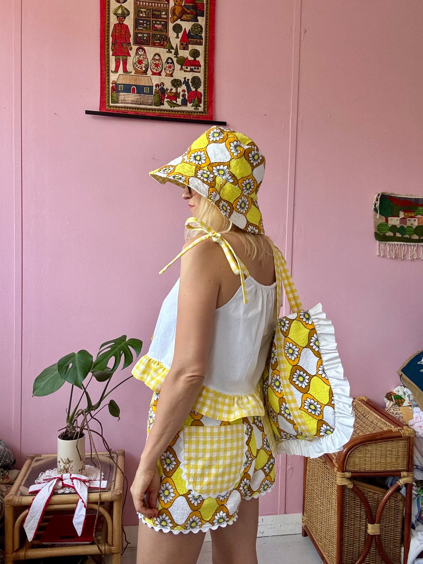 Yellow towel shorts set with bag and bucket hat