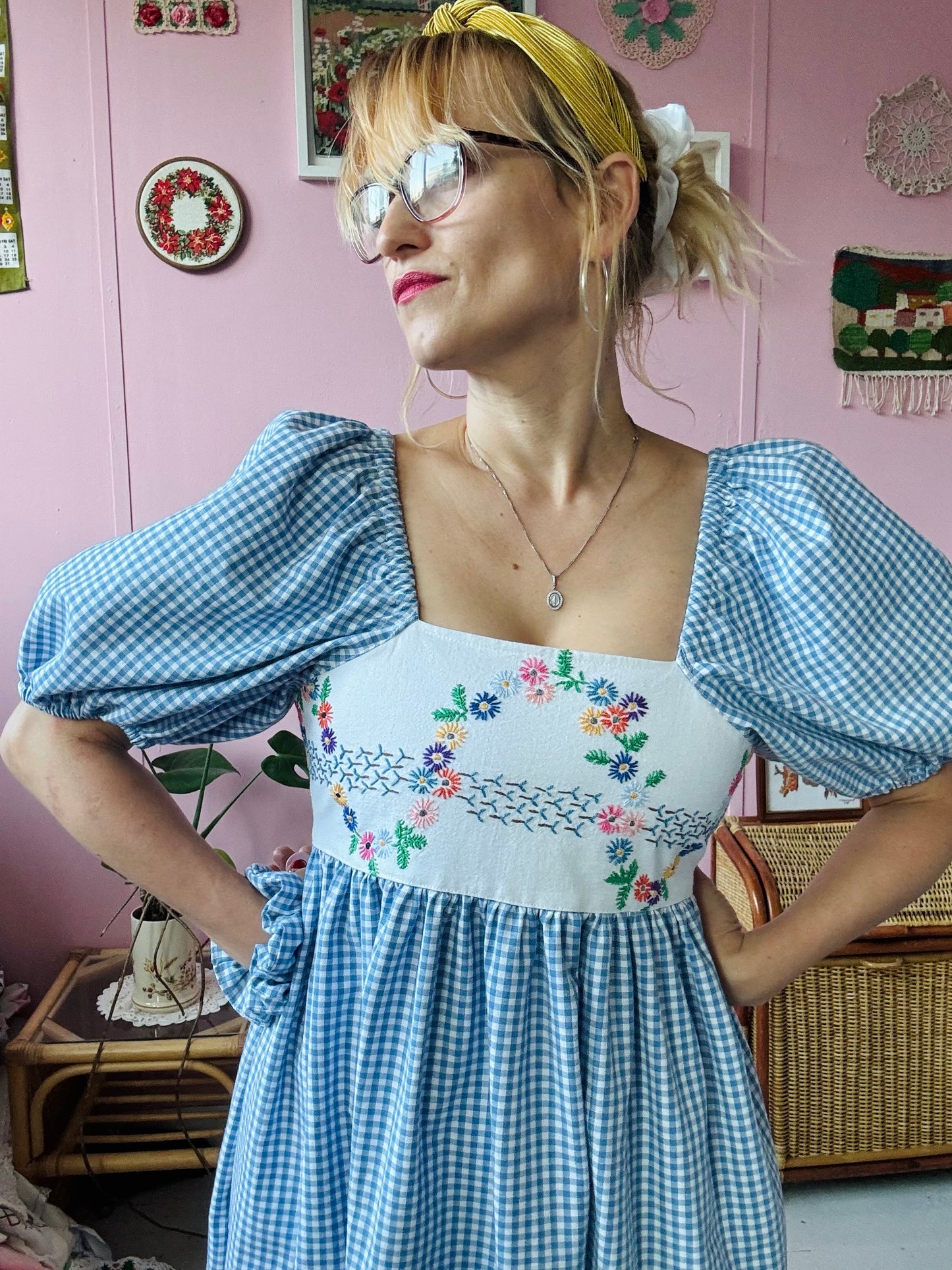 Blue gingham and floral embroidery dress