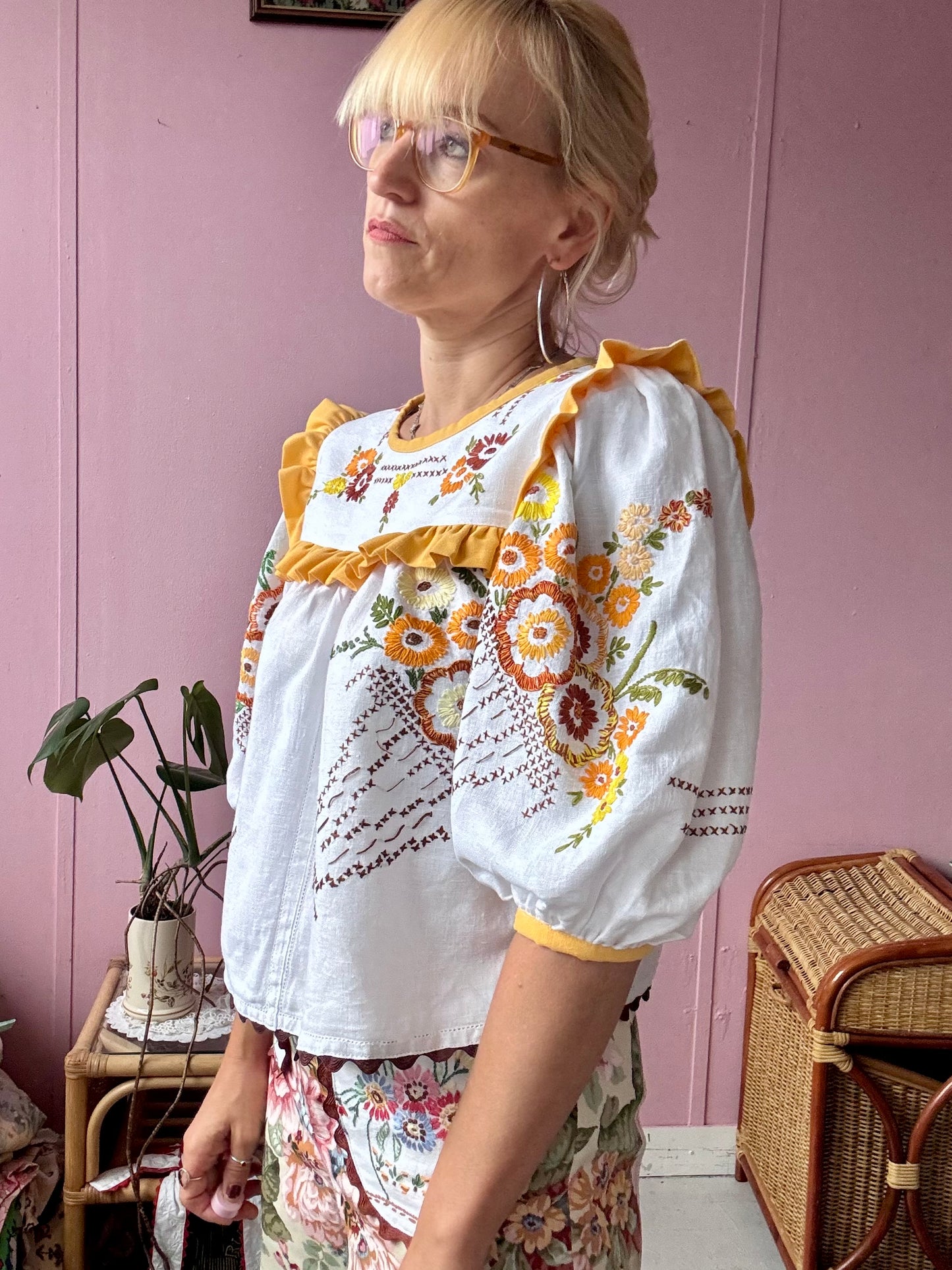 Blouse with hand embroidery and yellow frill