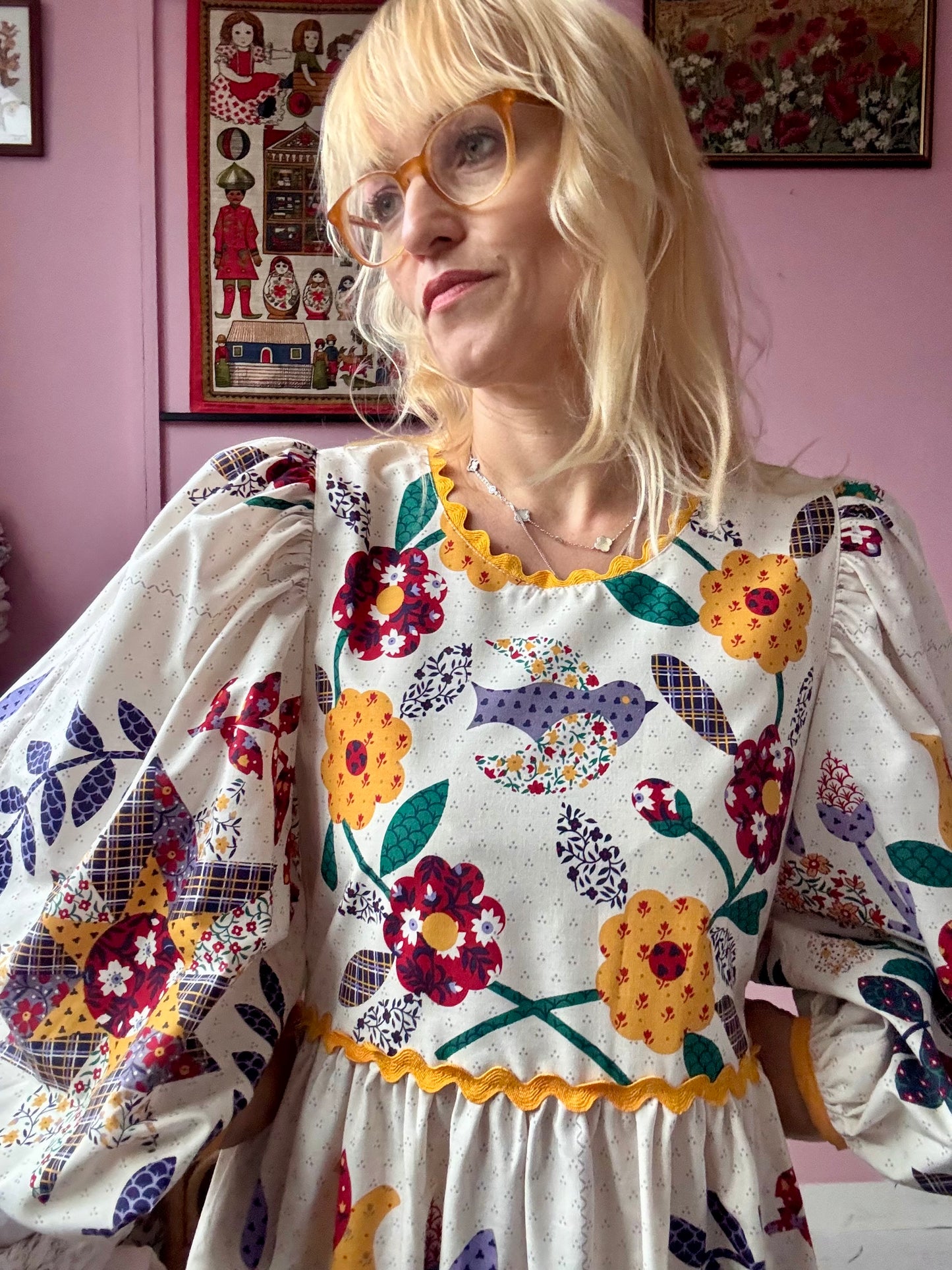 Floral dress with yellow ric rac and detachable collar