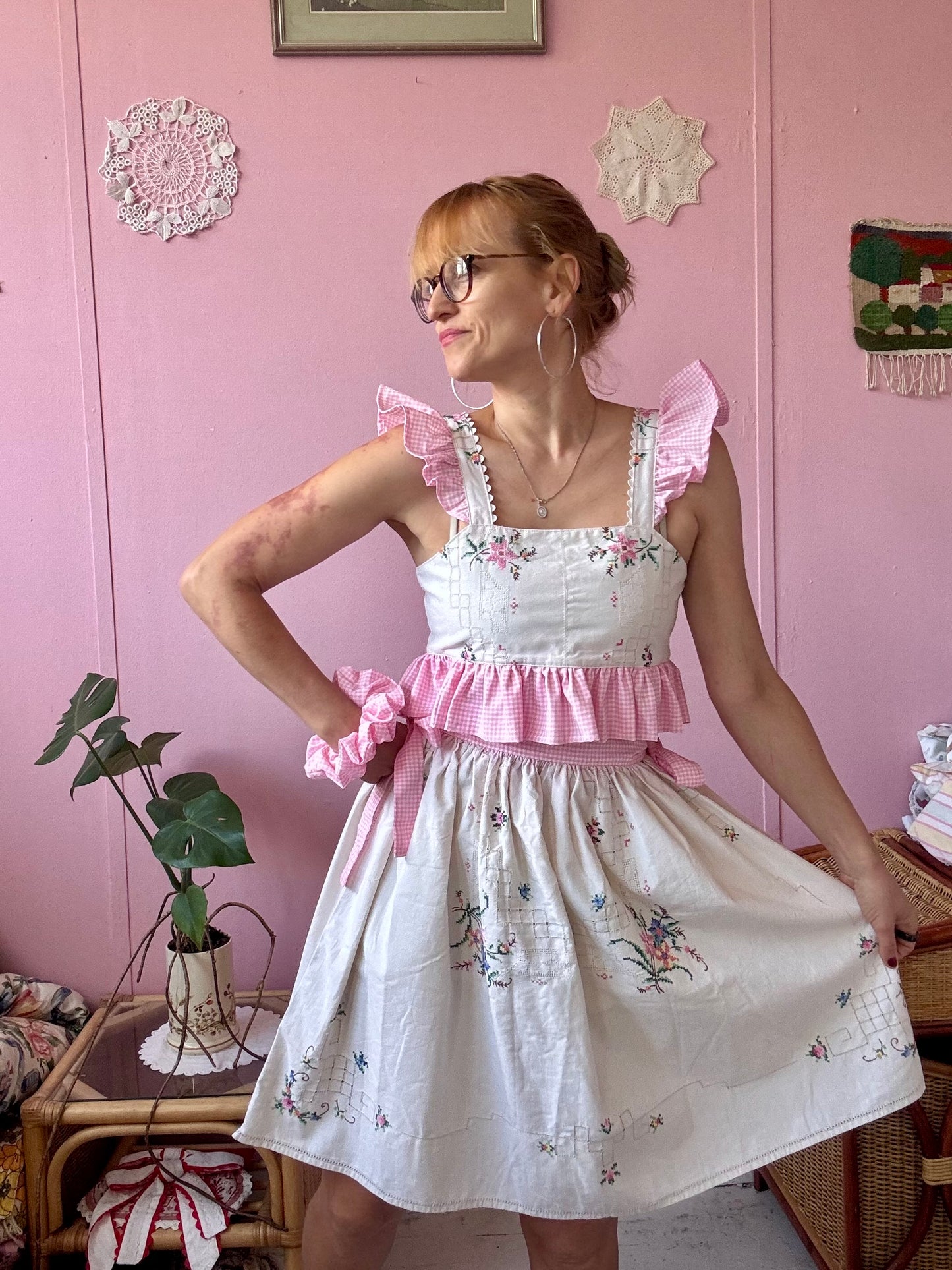 Embroidery and pink gingham set