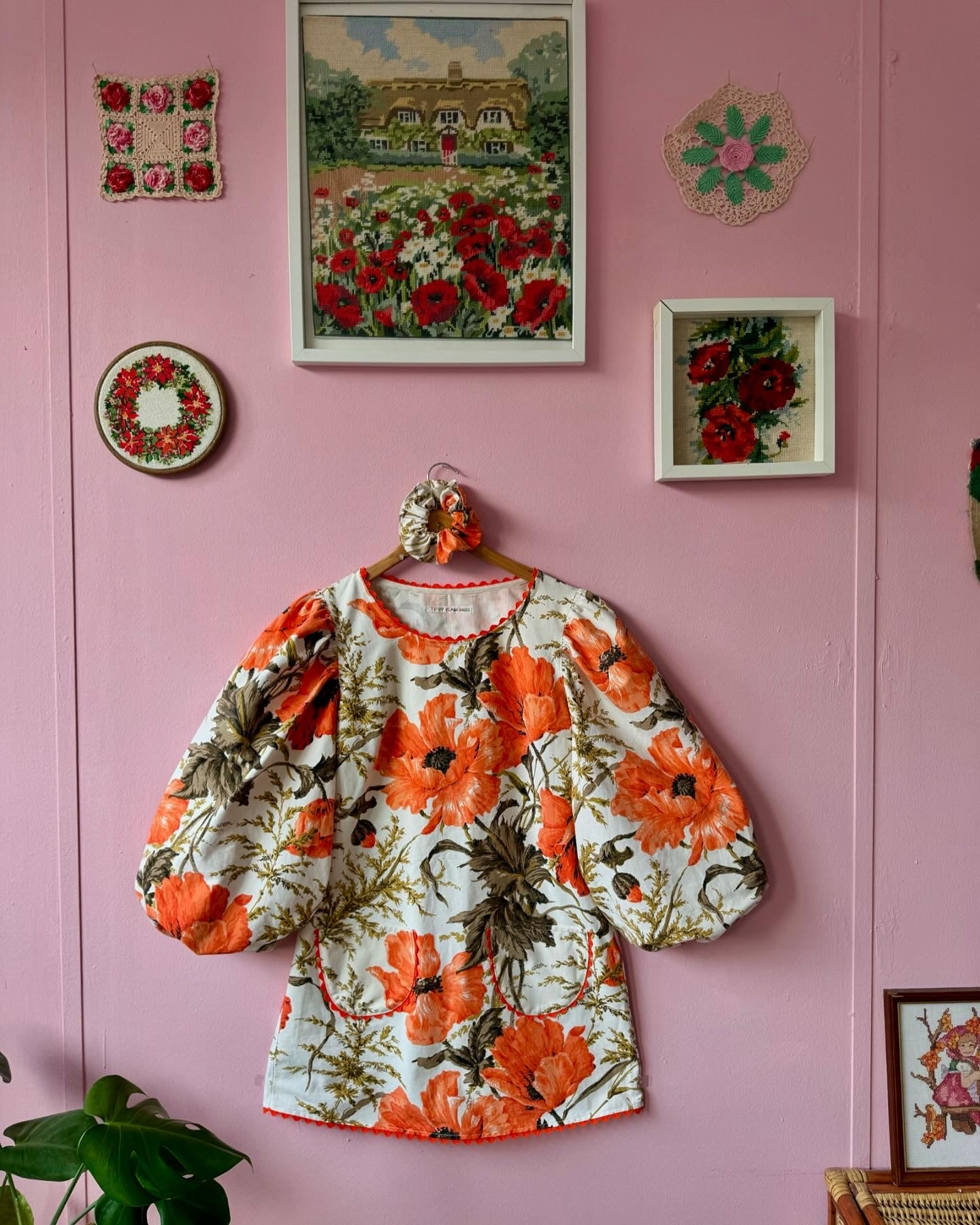 Orange poppies mini dress with long sleeves