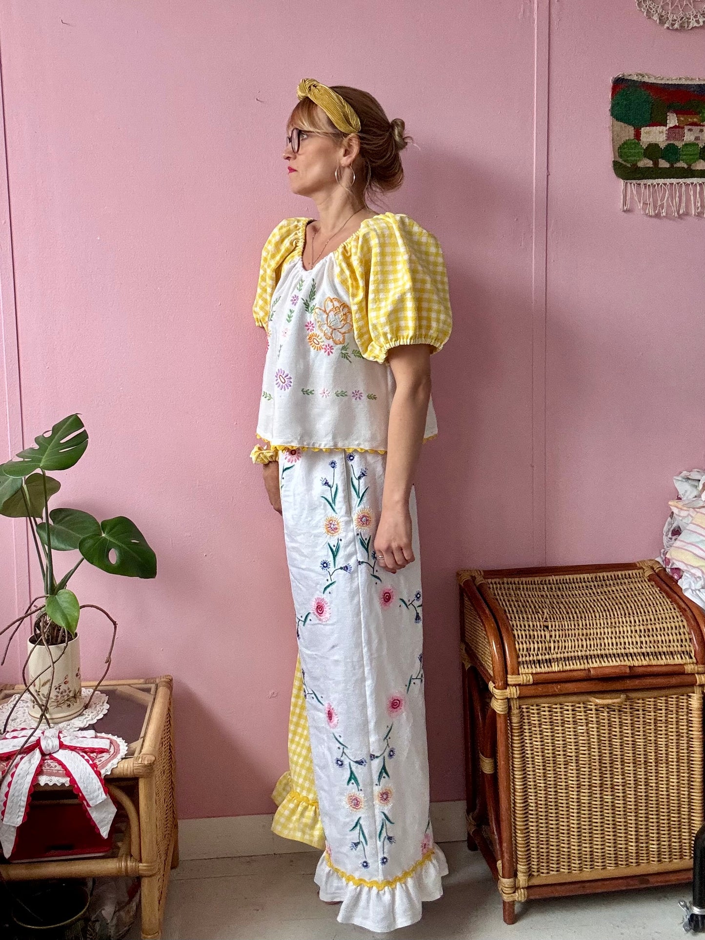 Yellow gingham and floral trousers