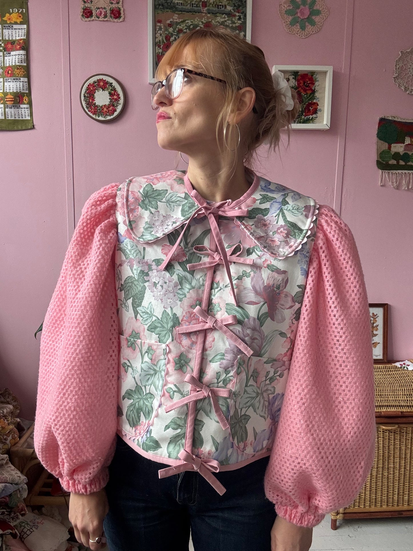 Floral jacket with pink sleeves