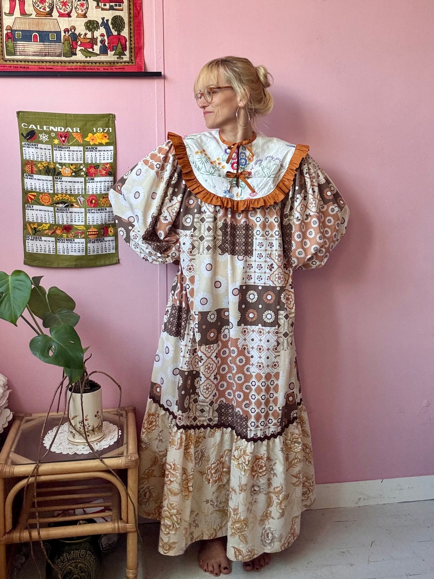 Brown maxi dress with embroidery yoke