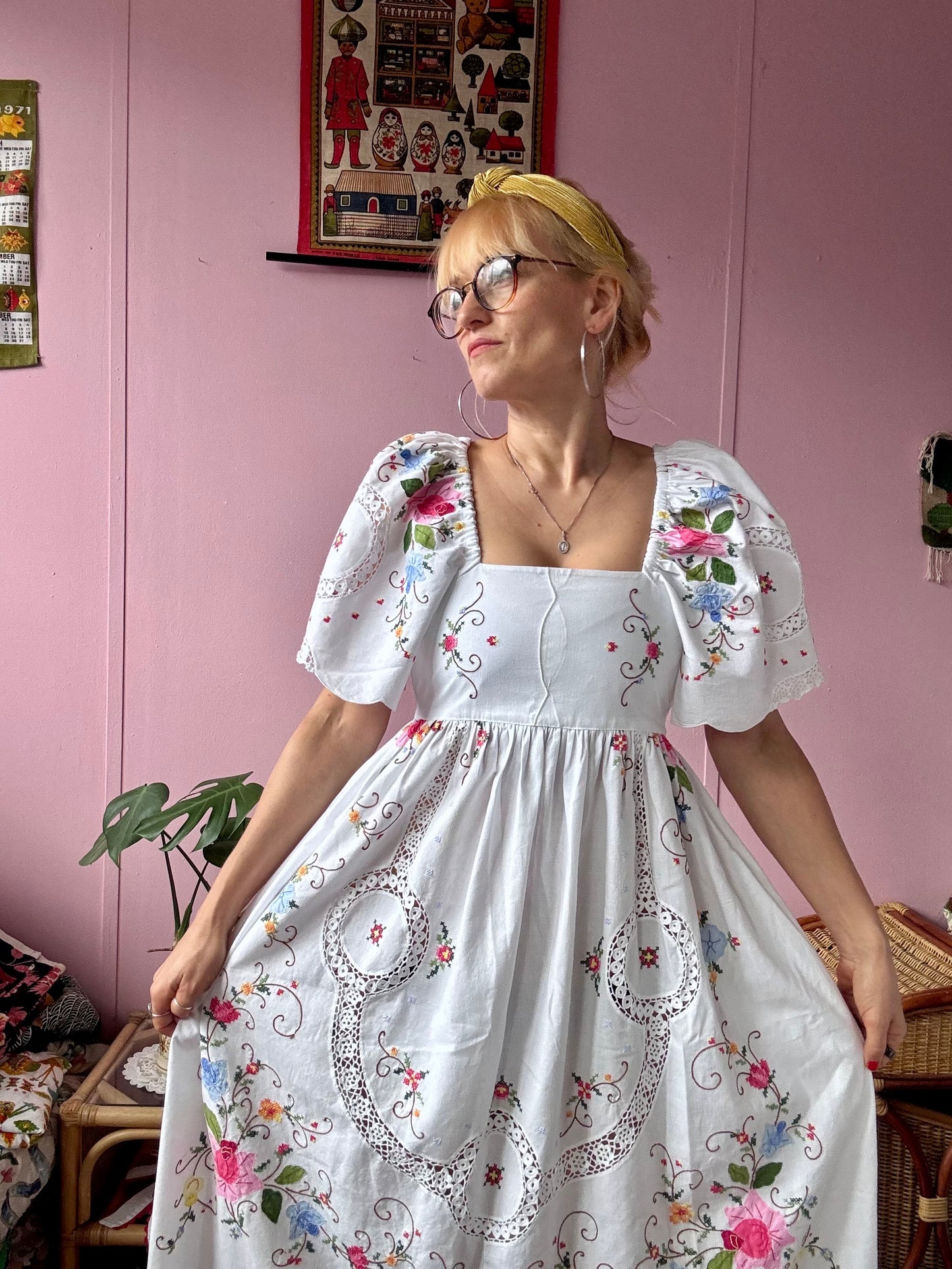 White maxi dress with appliqué,embroidery and lace panels