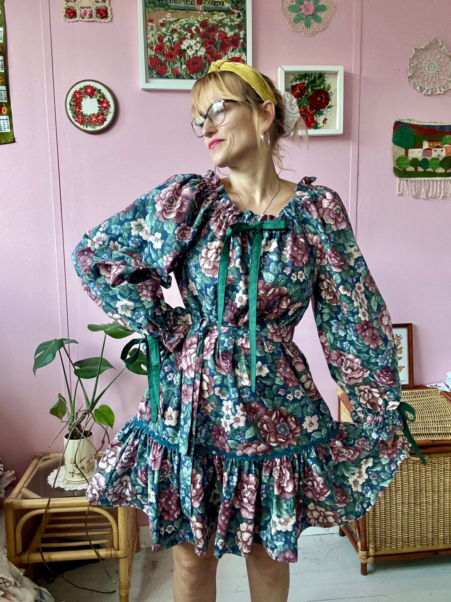 Navy floral dress with long sleeves